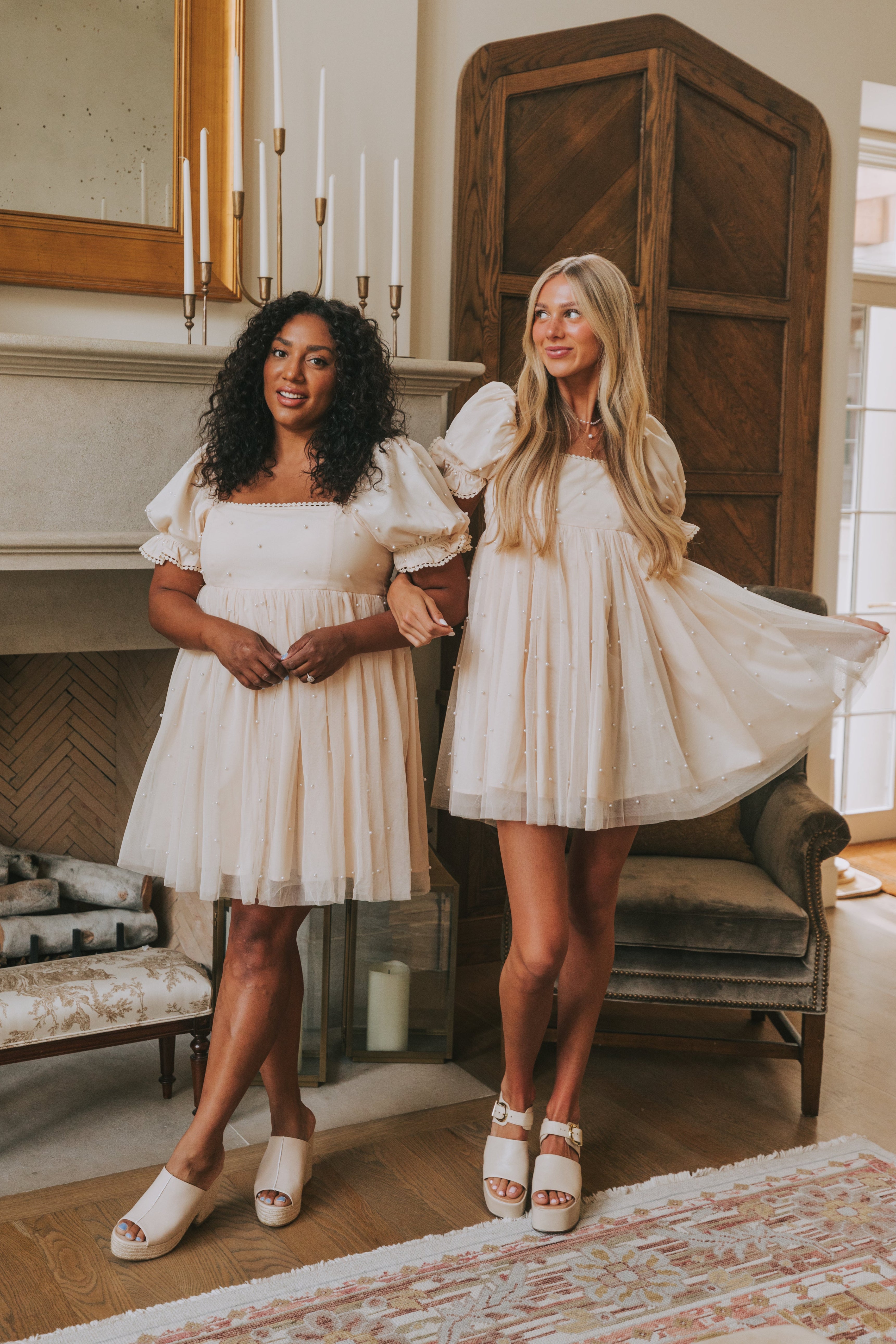 champagne babydoll puff sleeve dress with pearl details lifestyle
