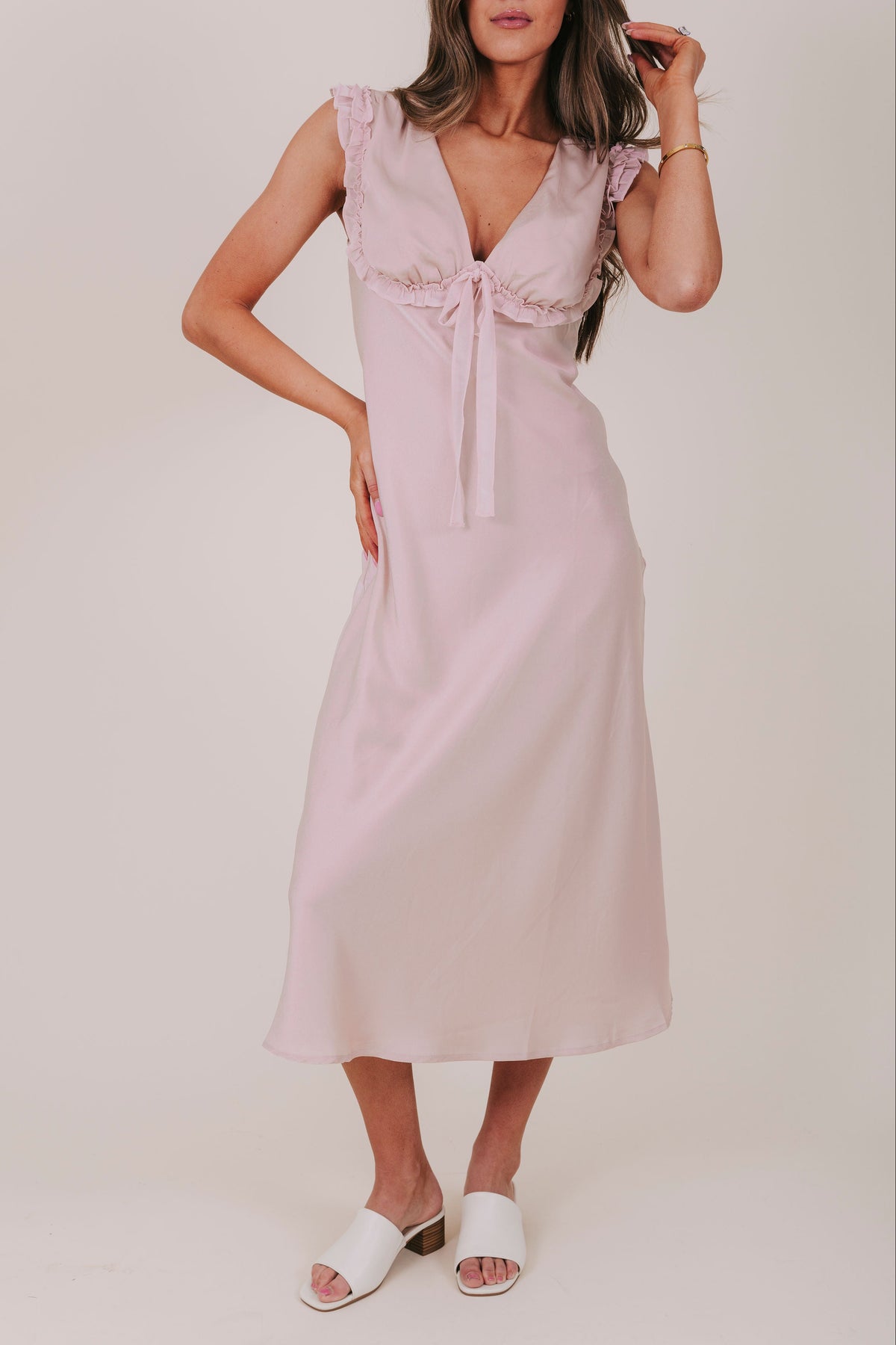 champagne pink ruffle trim midi dress front