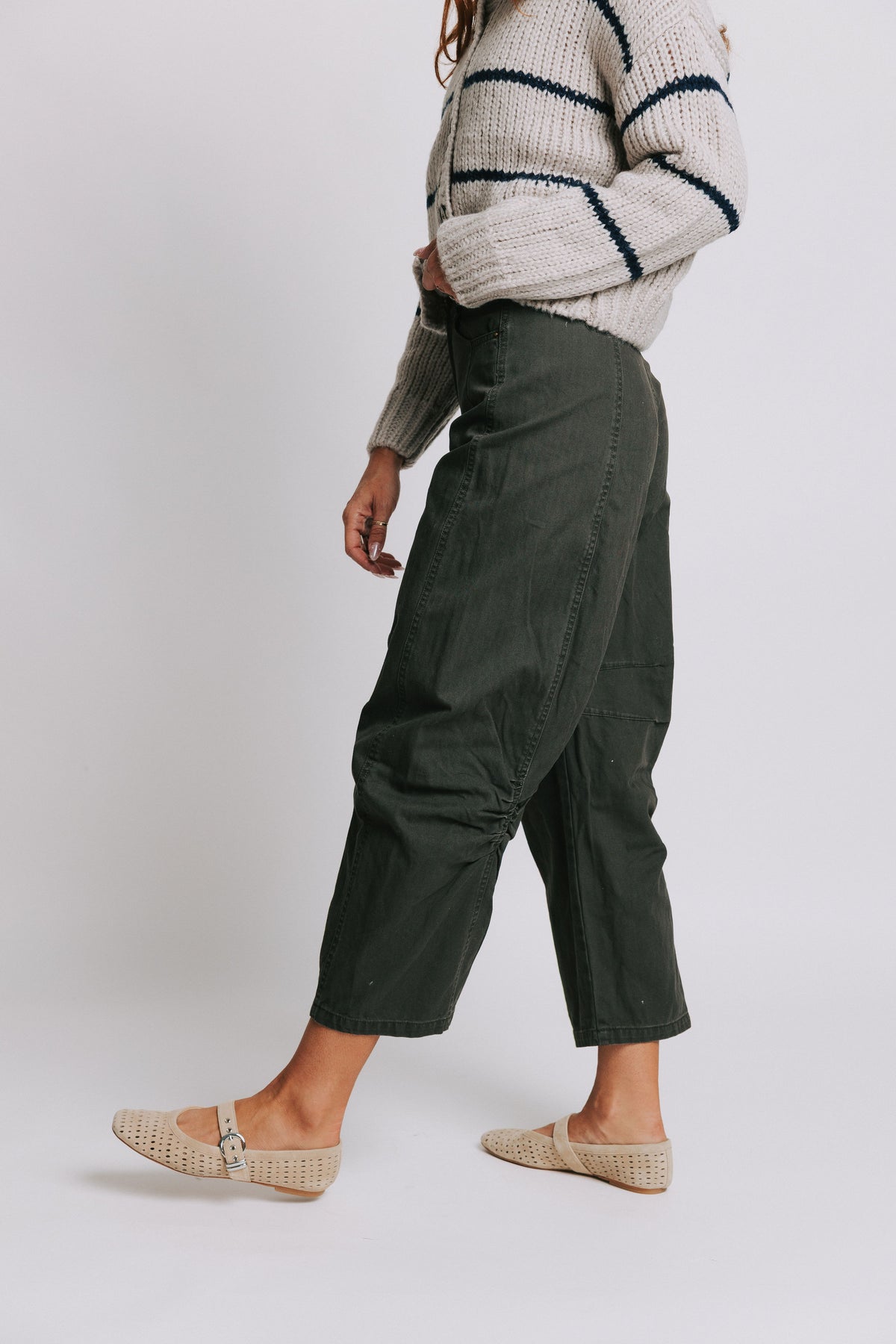 charcoal barrel leg pants with seam detailing side