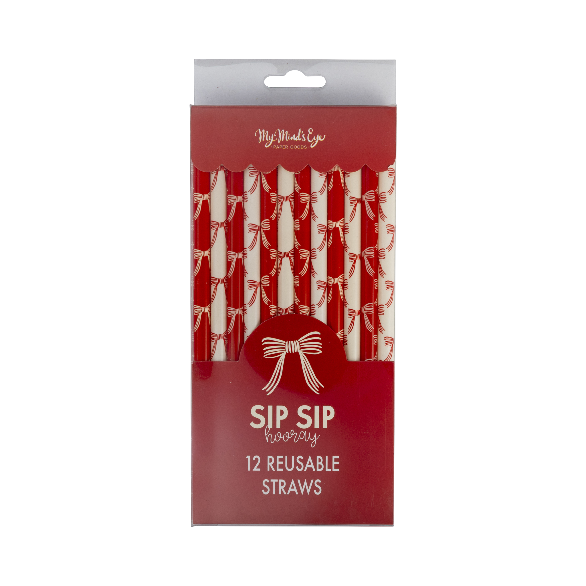 Pack of reusable straws with red packaging featuring a bow design by my minds eye.
