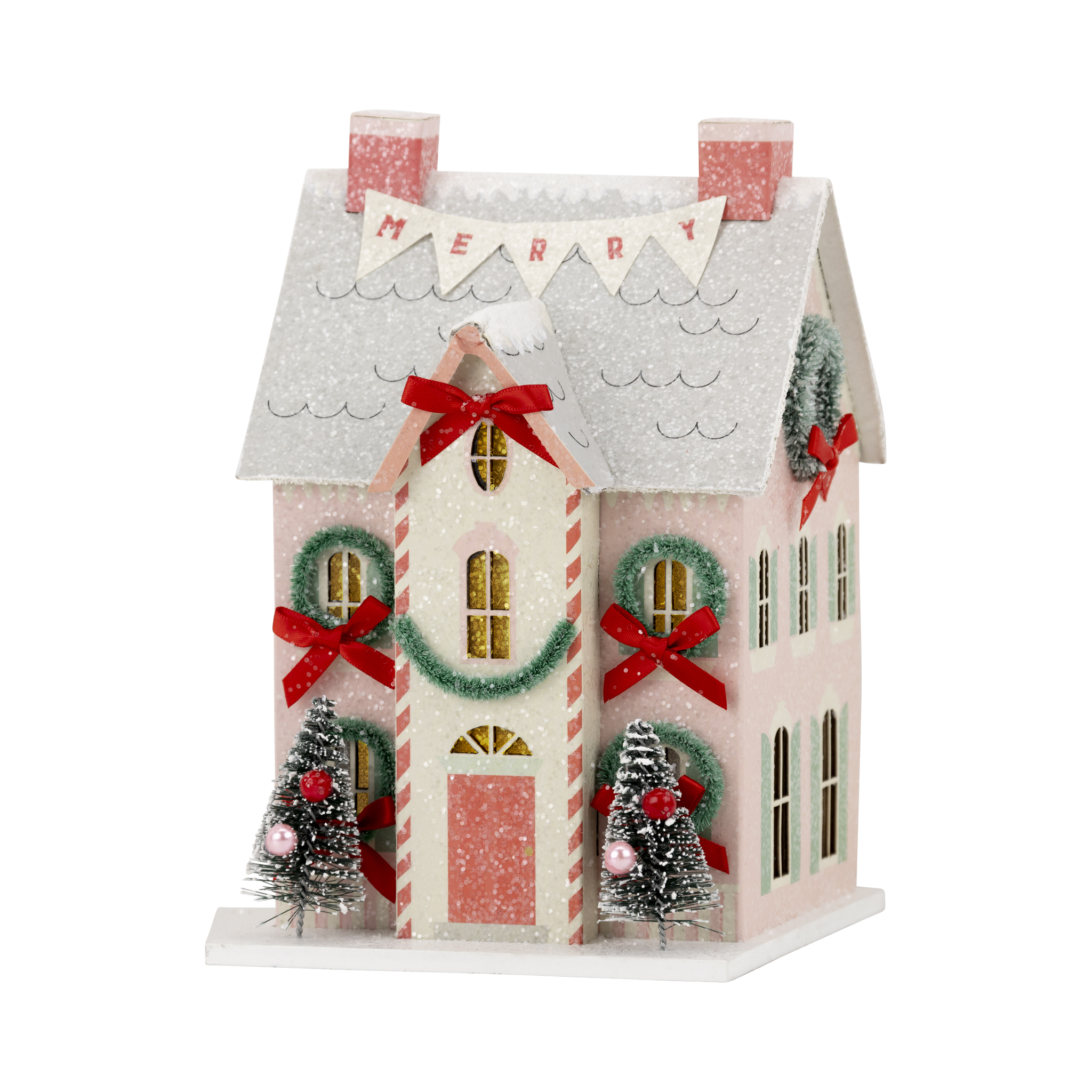 Decorative Christmas house with candy cane design, red bows, and small trees