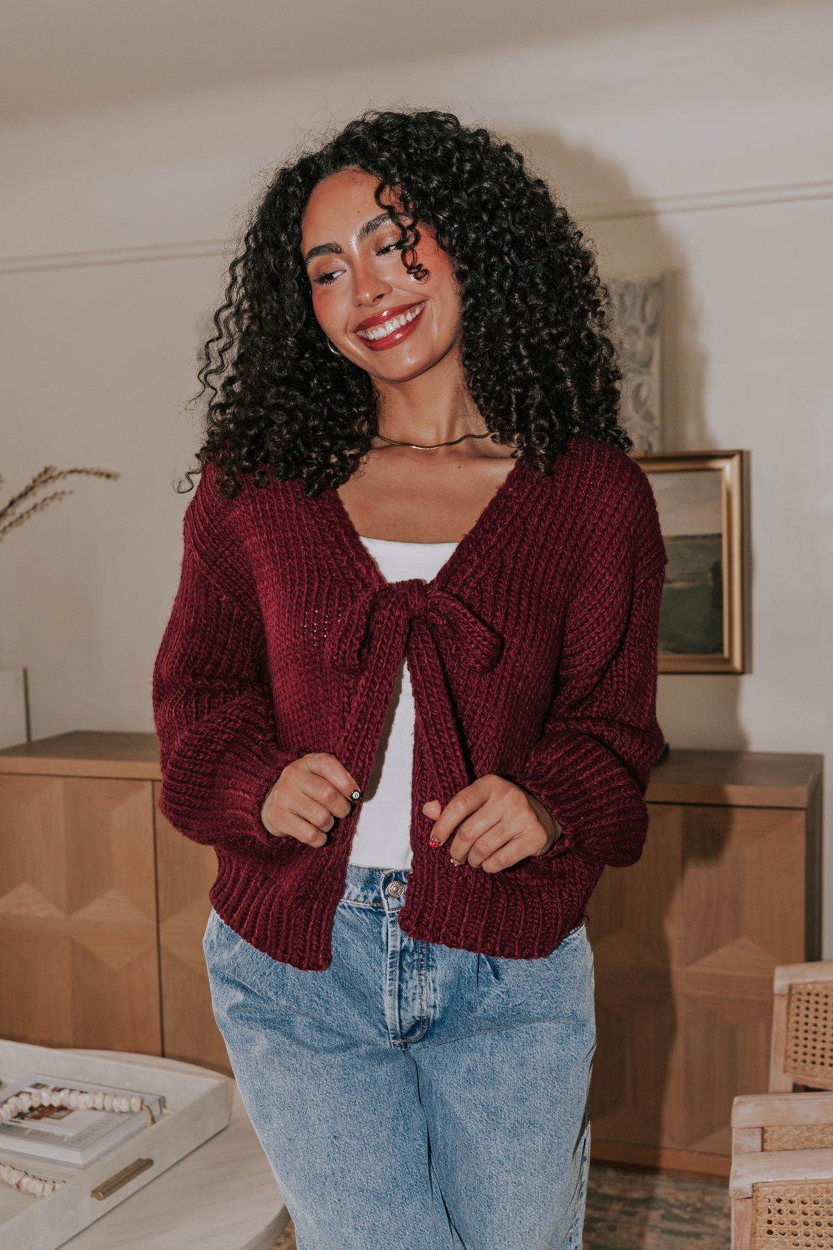 chunky knit burgundy cardigan with bow