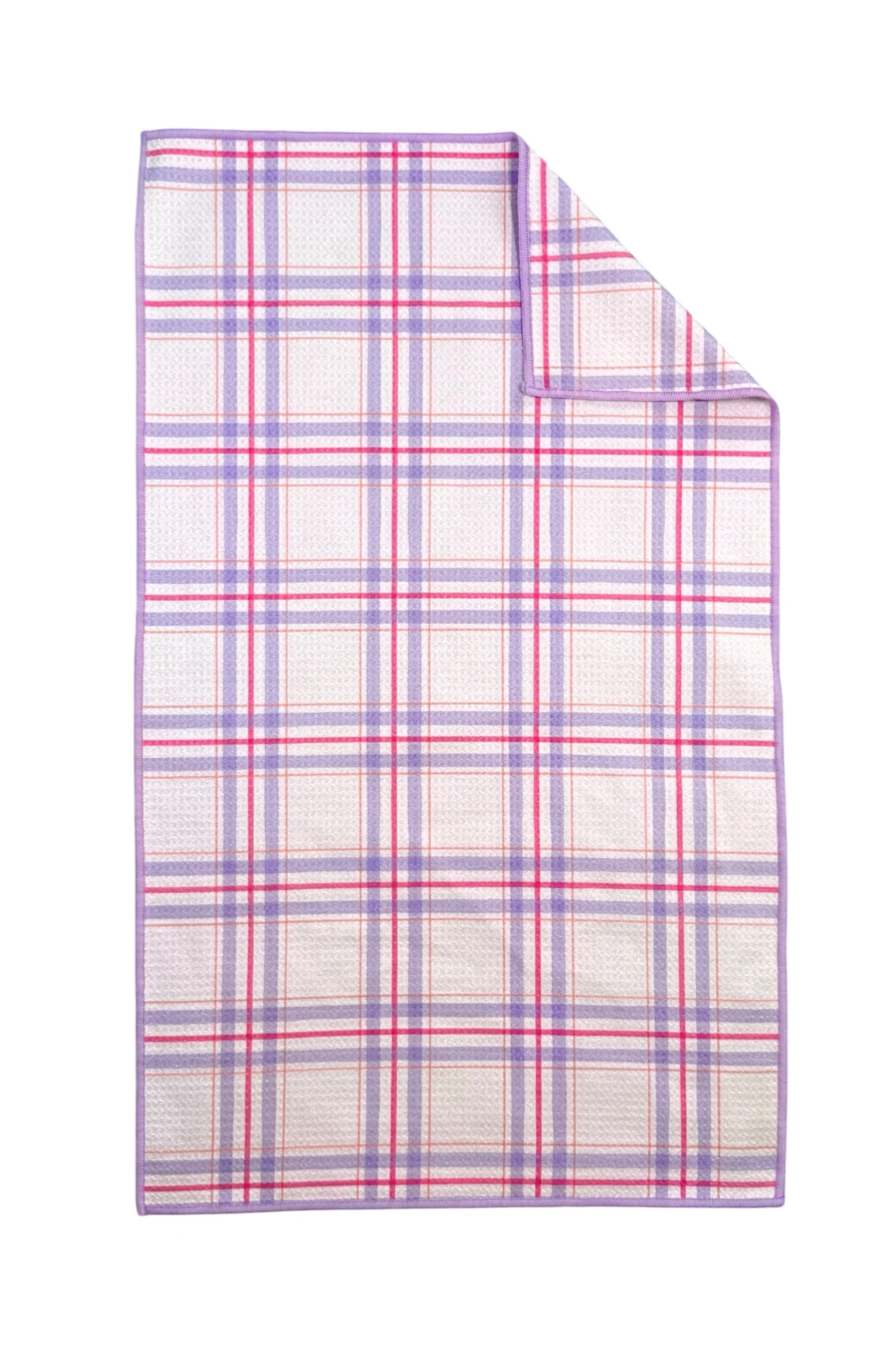 Plaid microfiber hand towel with purple and pink lines