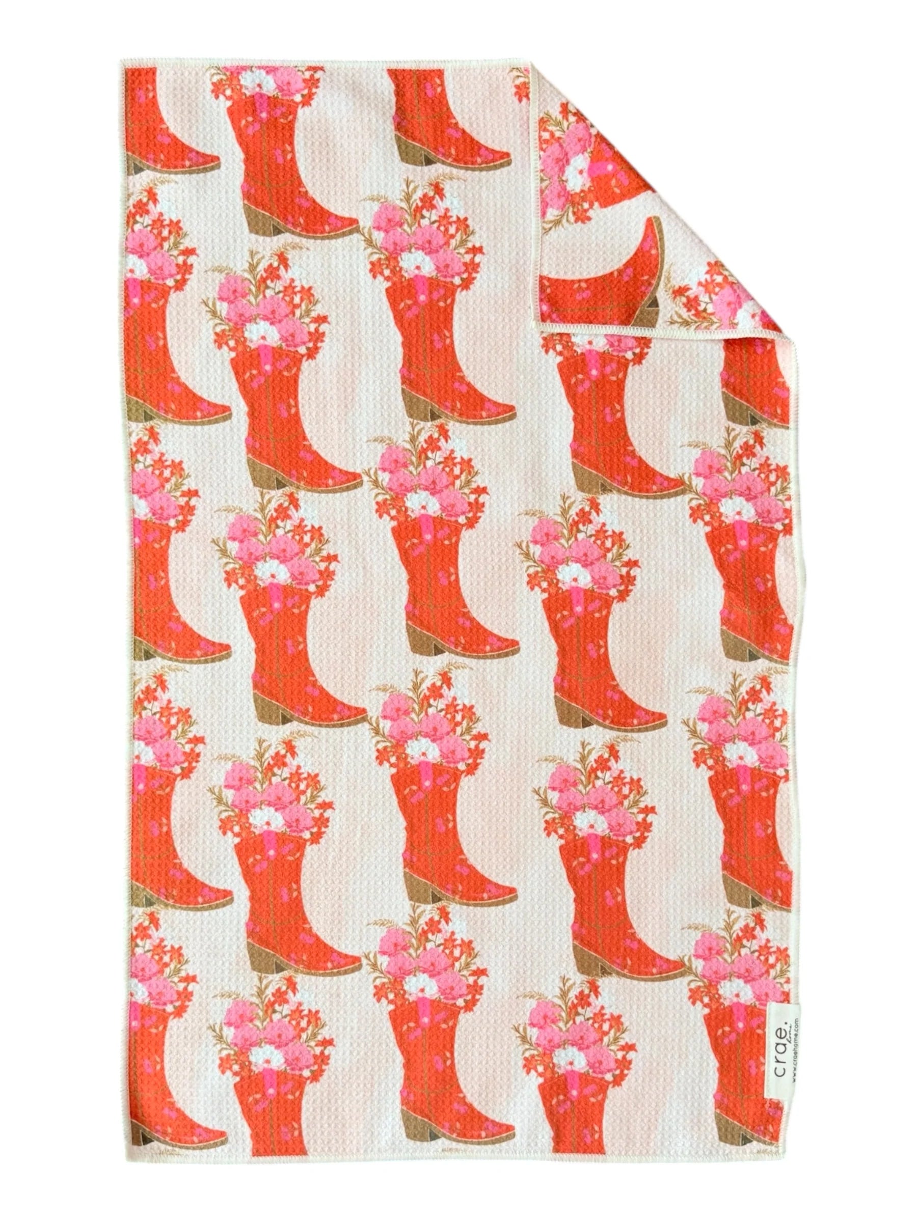 microfiber hand towel with red boots and flowers