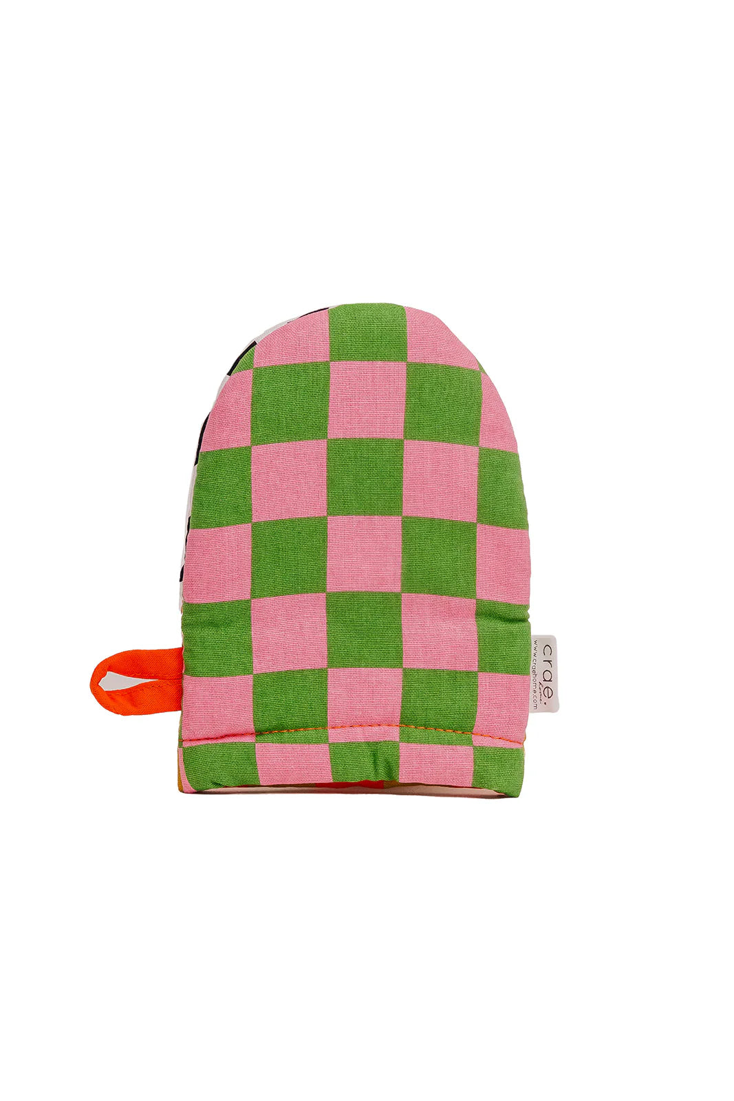 Checkered pink and green oven mitt with orange handle on a white background
