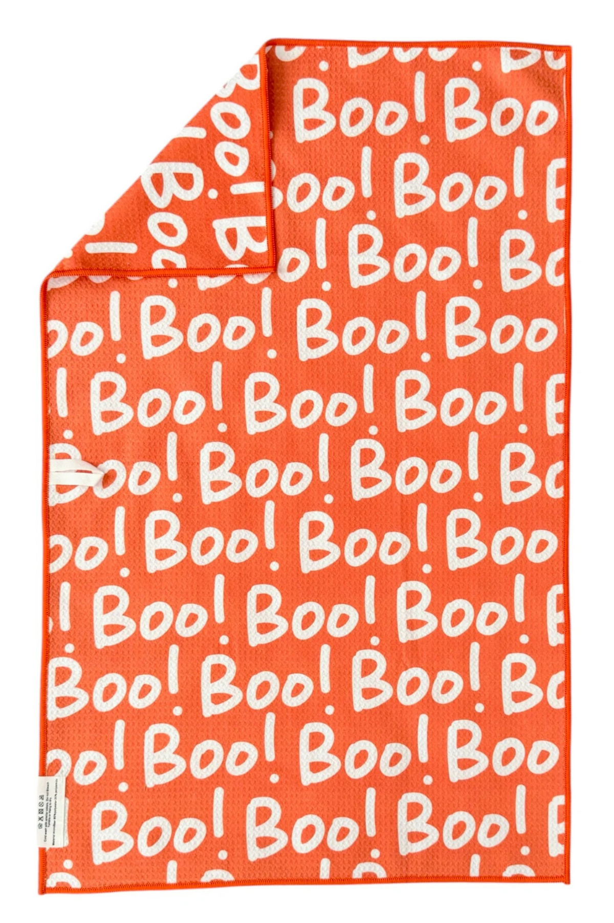 Orange microfiber hand towel with 'Boo!' text pattern in white.