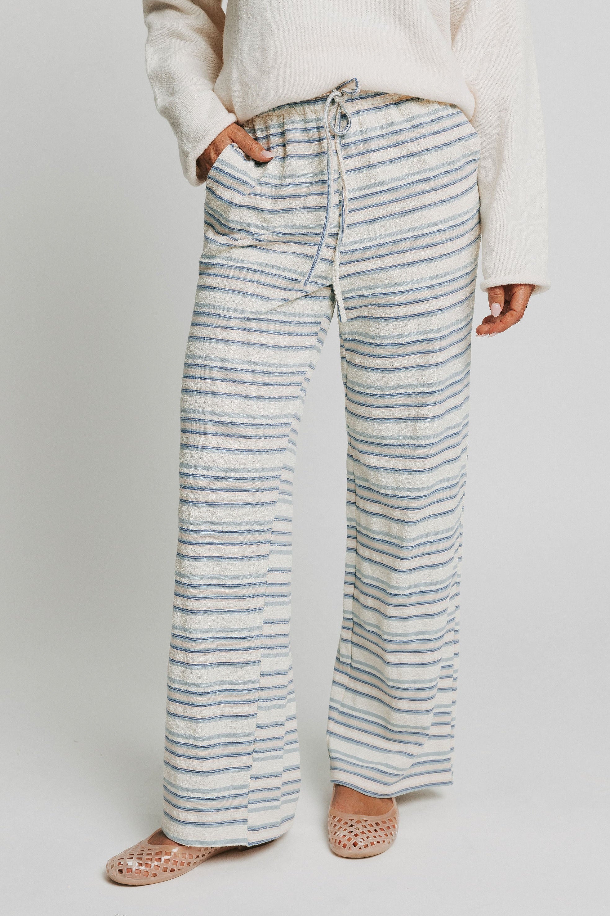 cream and blue striped lounge pants