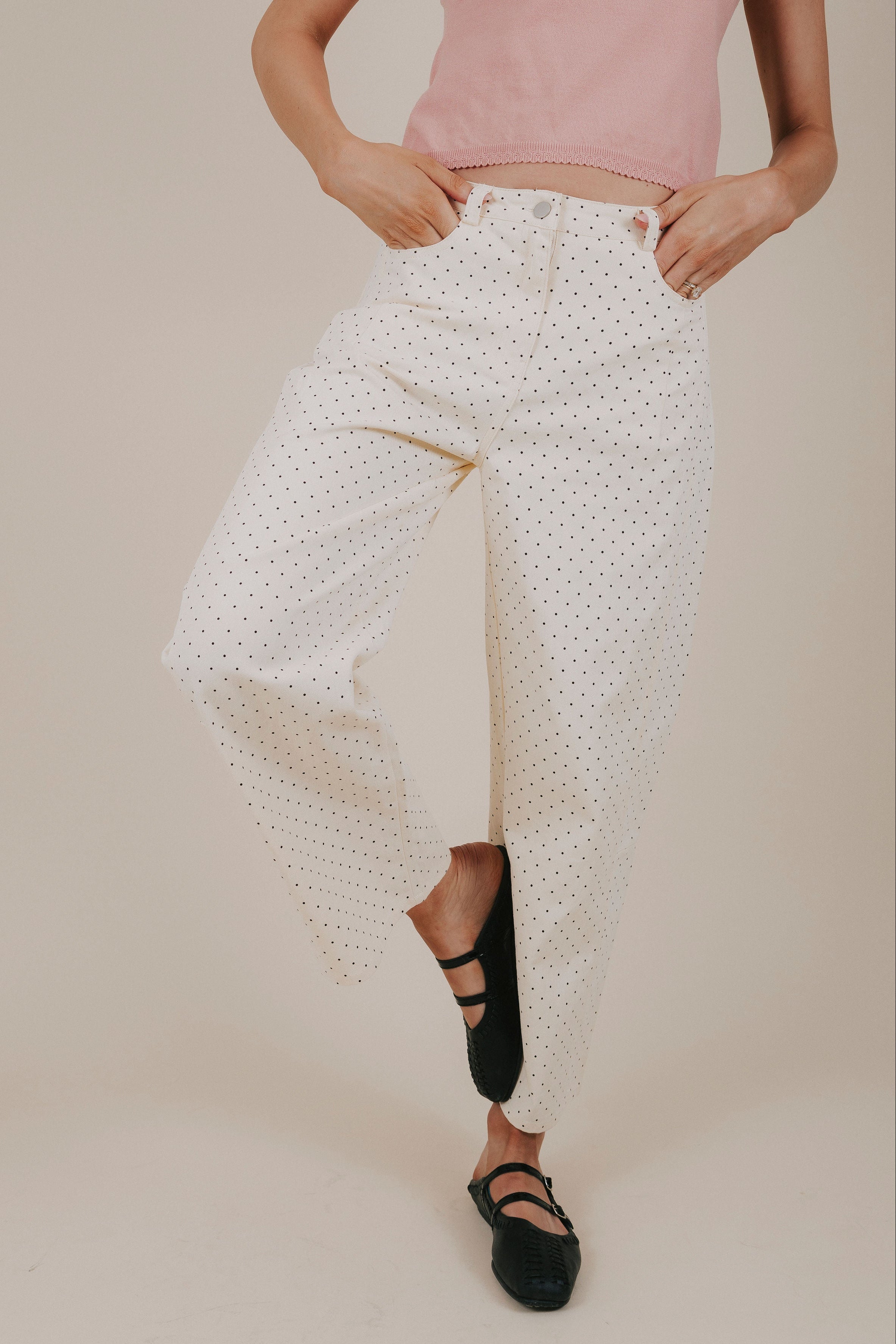 cream black polka dot barrel jeans front