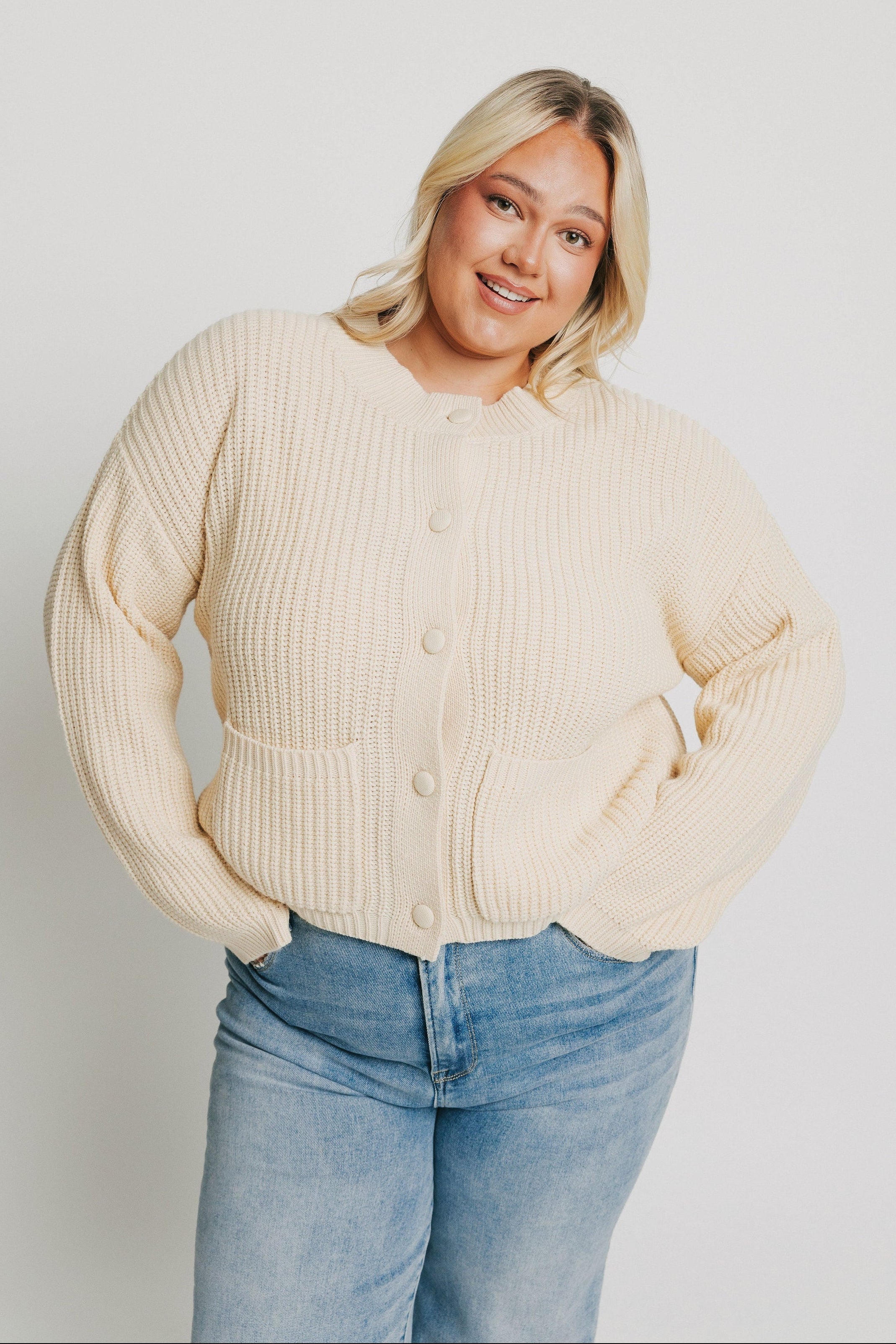 cream button down knit cardigan with pockets plus