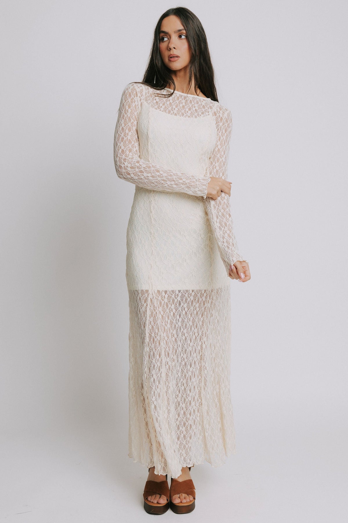 cream lace long sleeve maxi dress