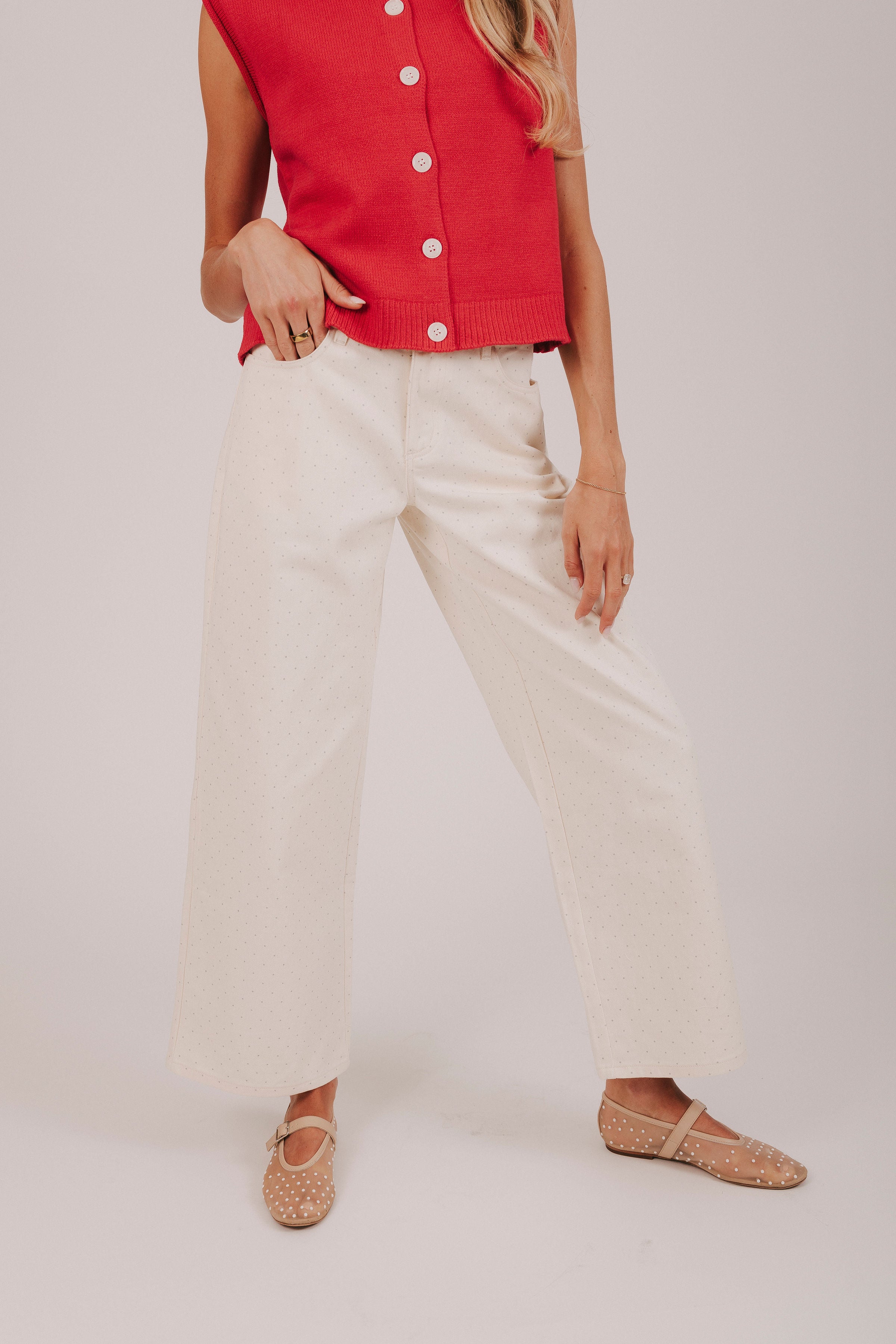 off white denim pants with little grey polka dots and front/back pockets
