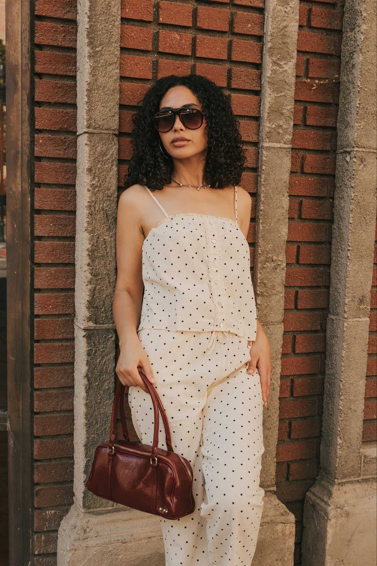 cropped polka dot spaghetti strap top lifestyle