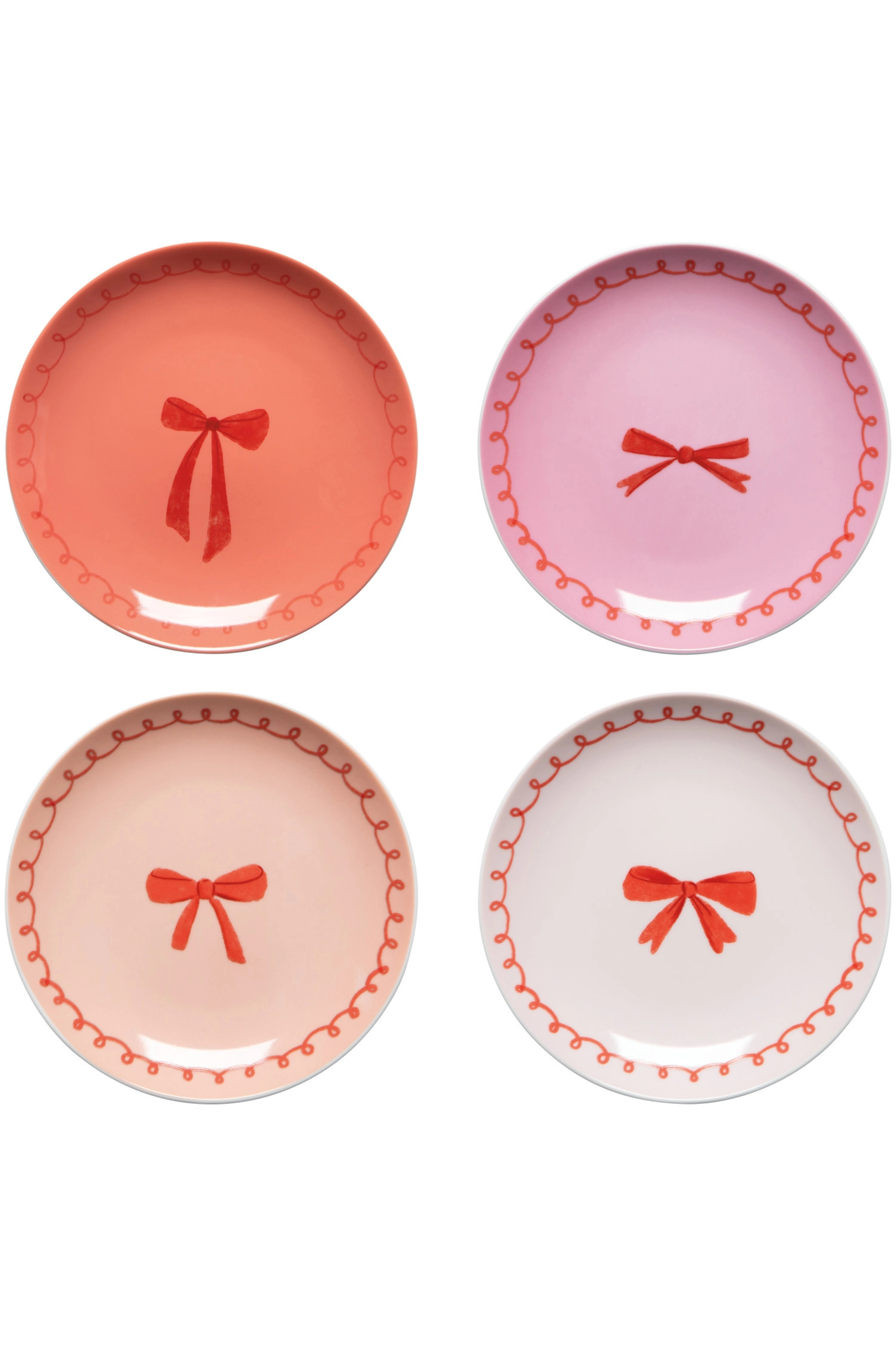 set of 4 appetizer plates in pink, peach, and white colored with red bow accents