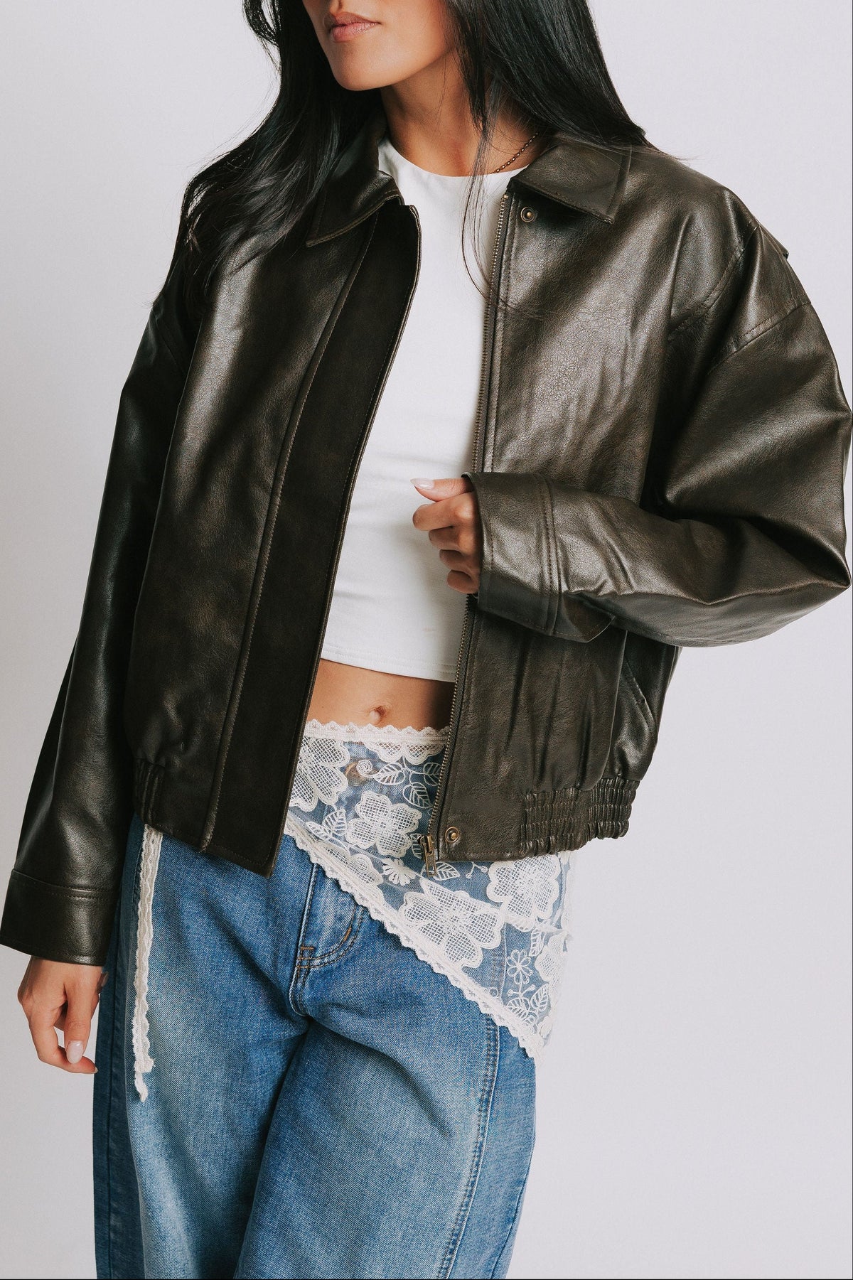 dark brown leather bomber jacket front