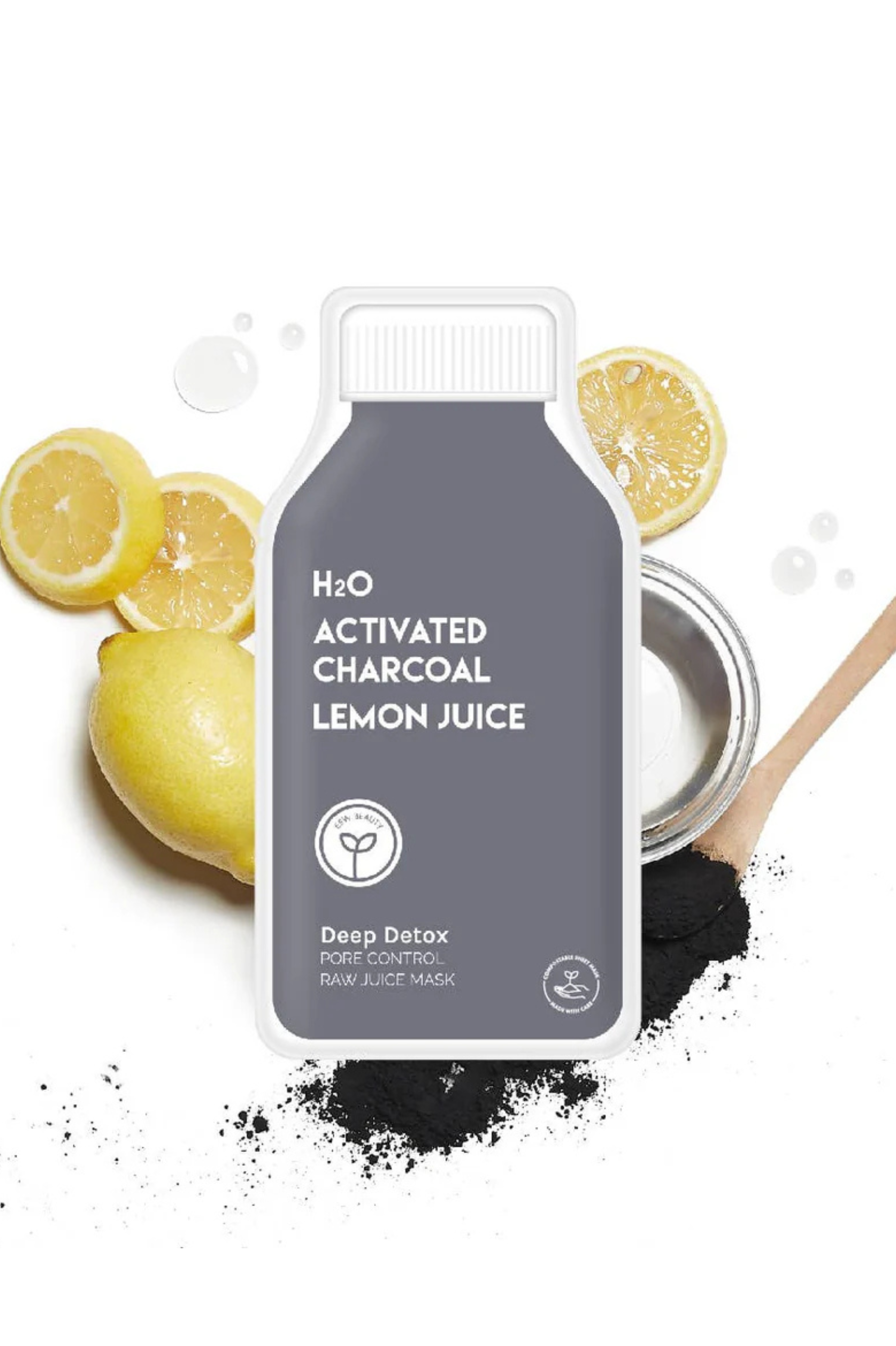 ESW face mask for deep detox and pore control with H2O Activated Charcoal Lemon Juice with lemons and a wooden spoon on a white background