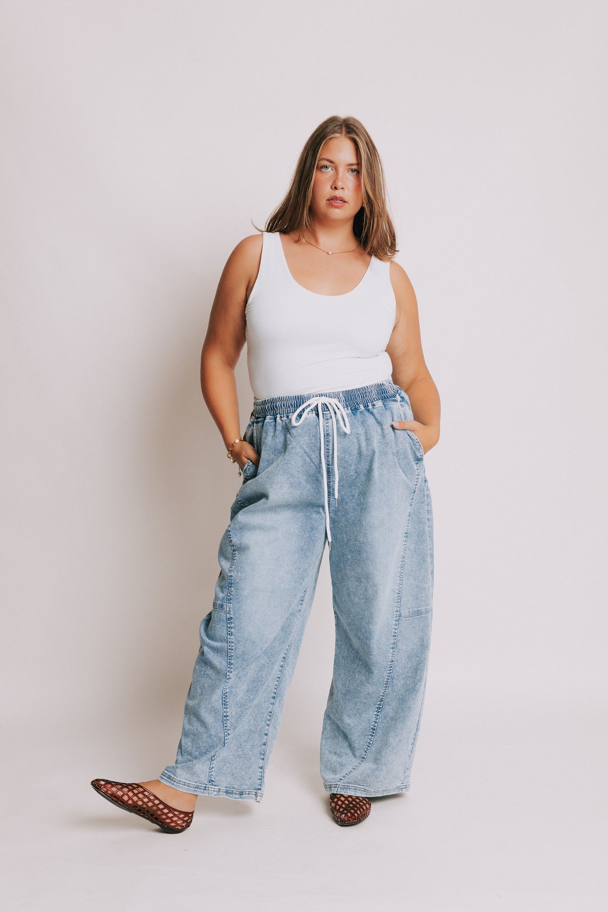 denim barrel pants with elastic waist and drawstring plus