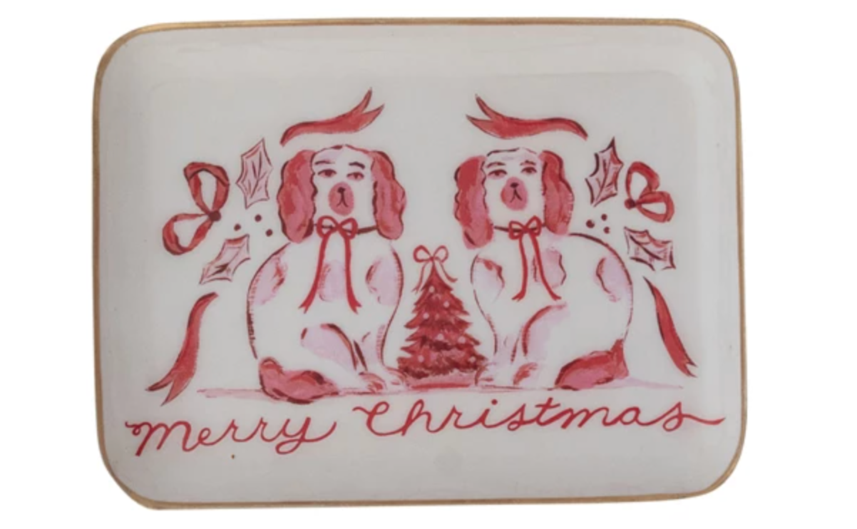Christmas-themed decorative metal tray with two dogs and 'Merry Christmas' text on an ivory background with gold edge.