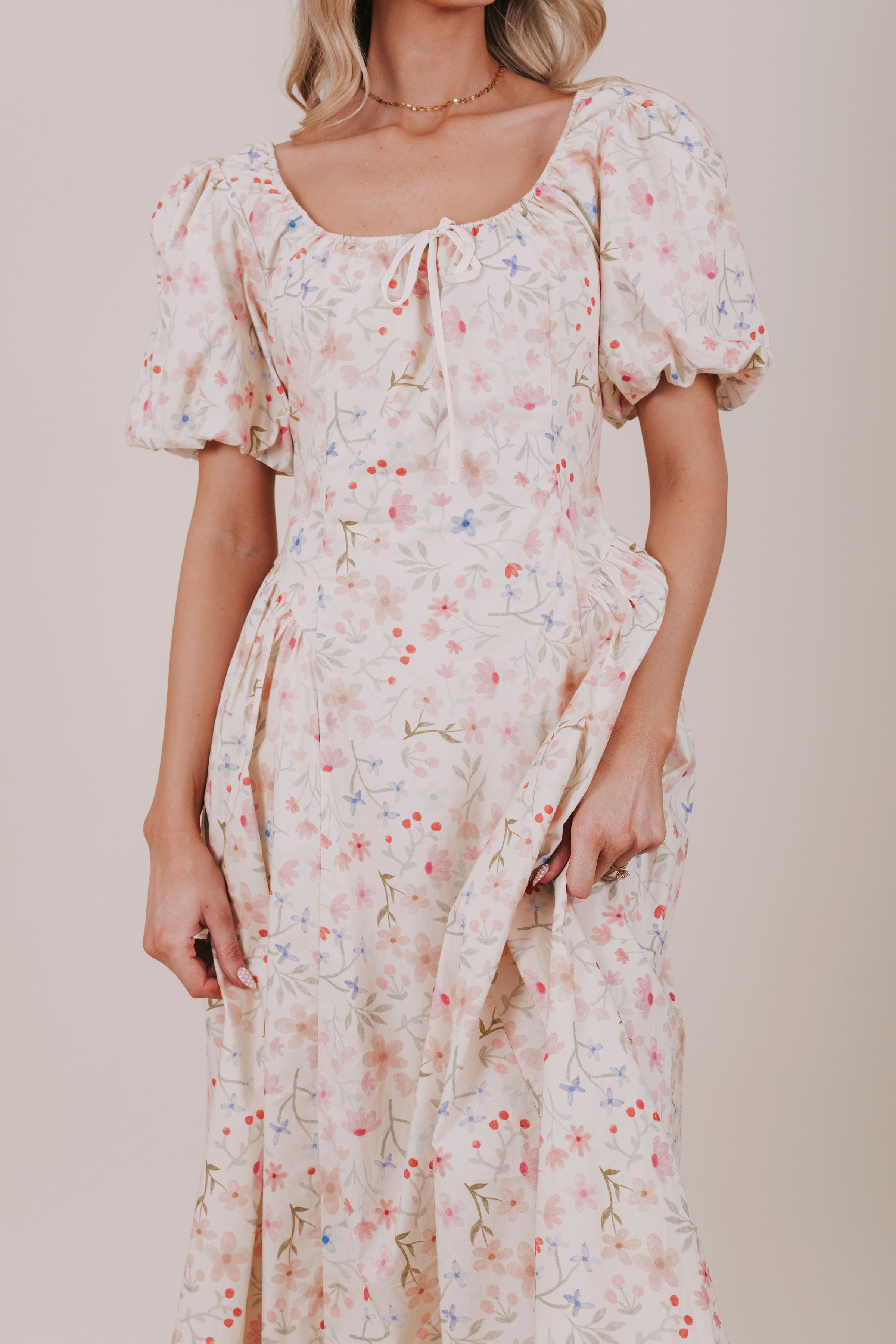floral drawstring gathered midi dress detail