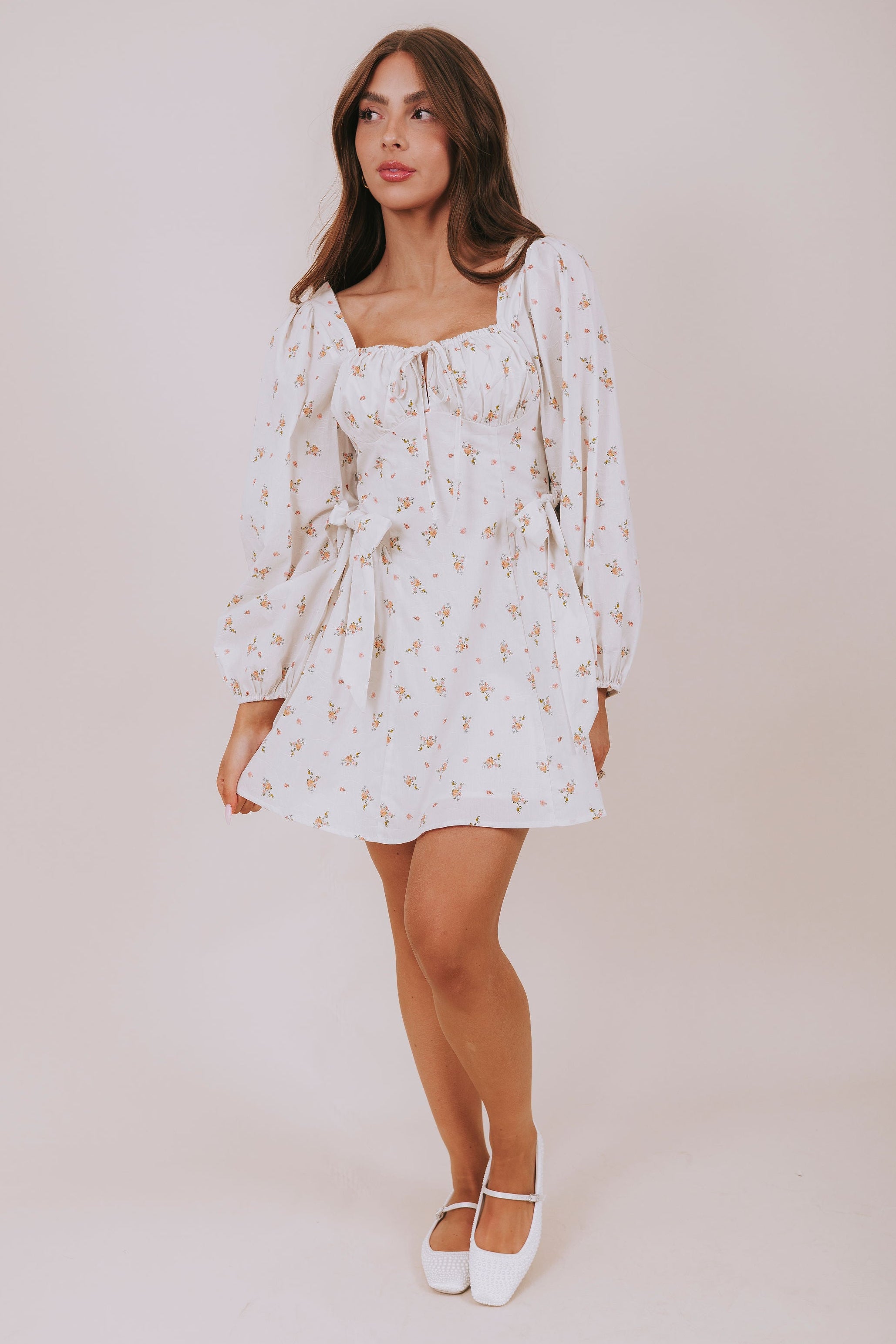 floral mini dress with bow details full