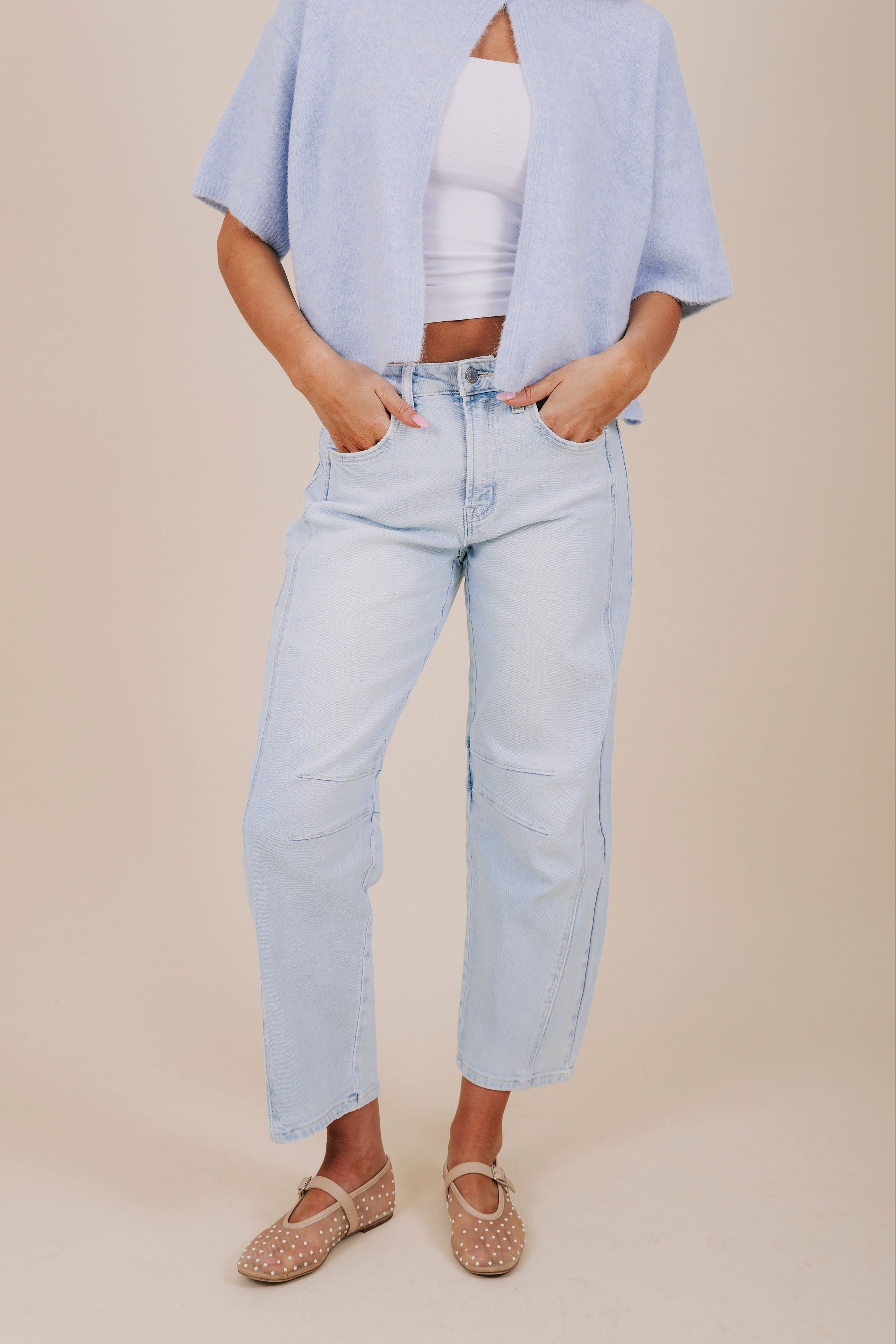 flying monkey light wash barrel jeans front