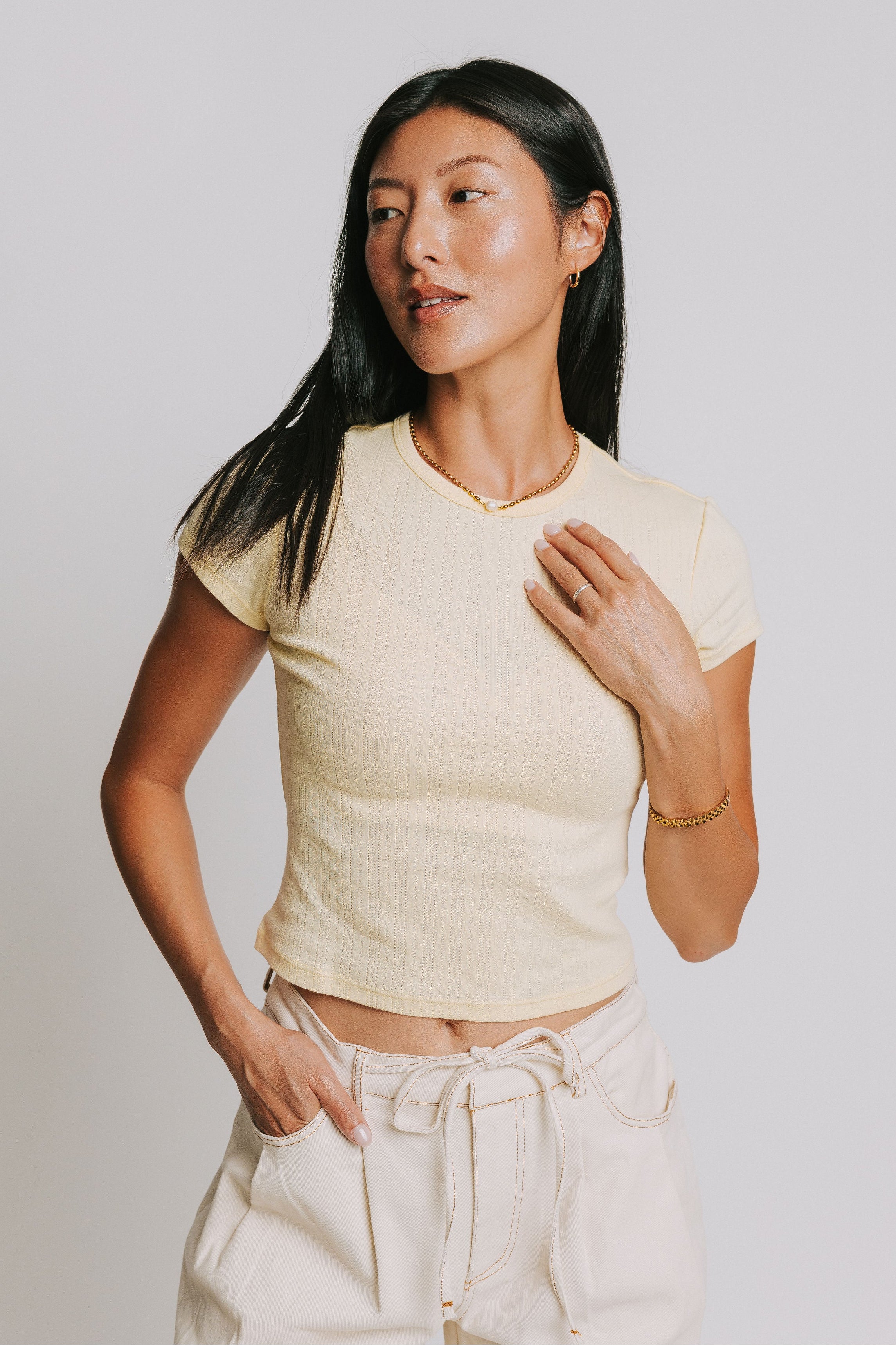free people light yellow baby tee with pointelle detail