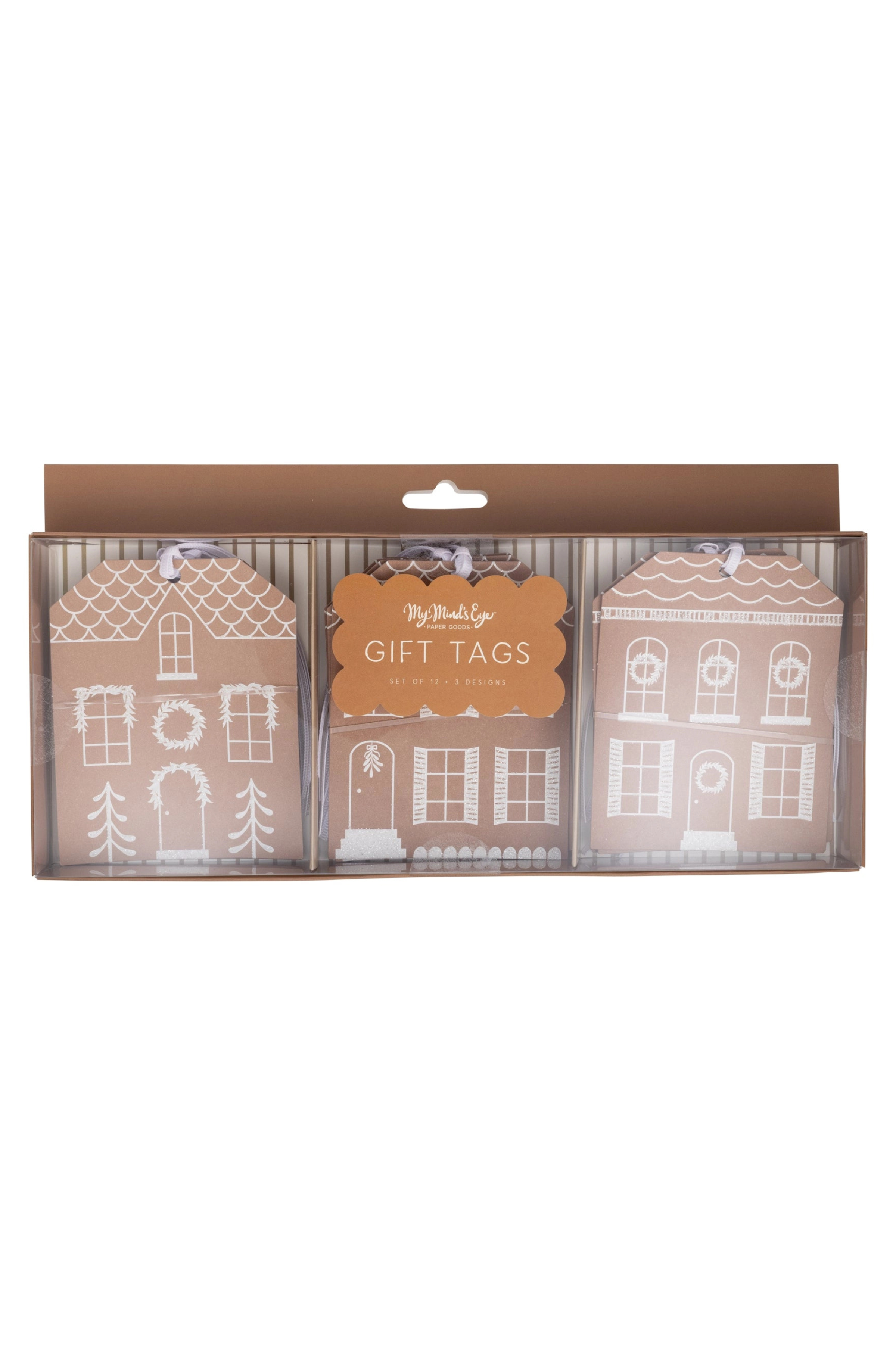 Set of 12 gift tags designed to look like gingerbread houses.