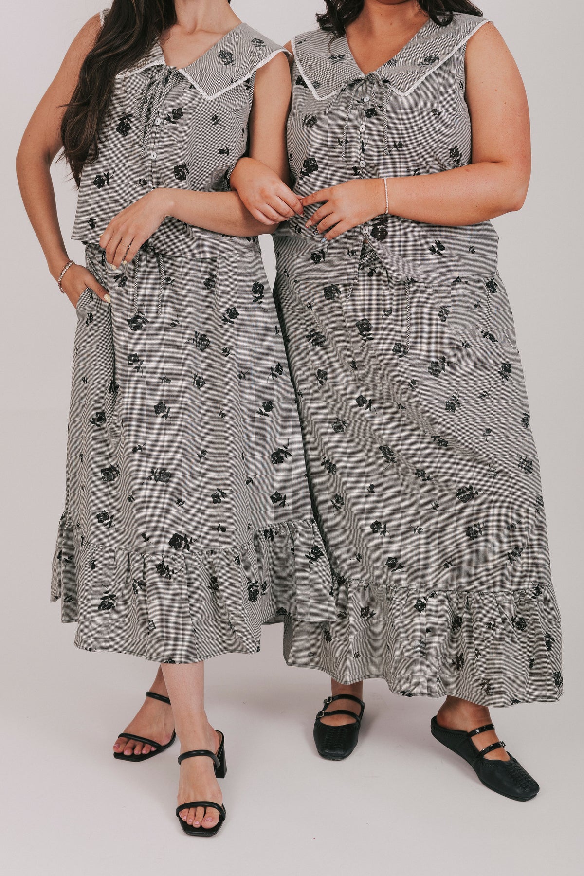 gingham skirt with sheer flowers and a ruffle