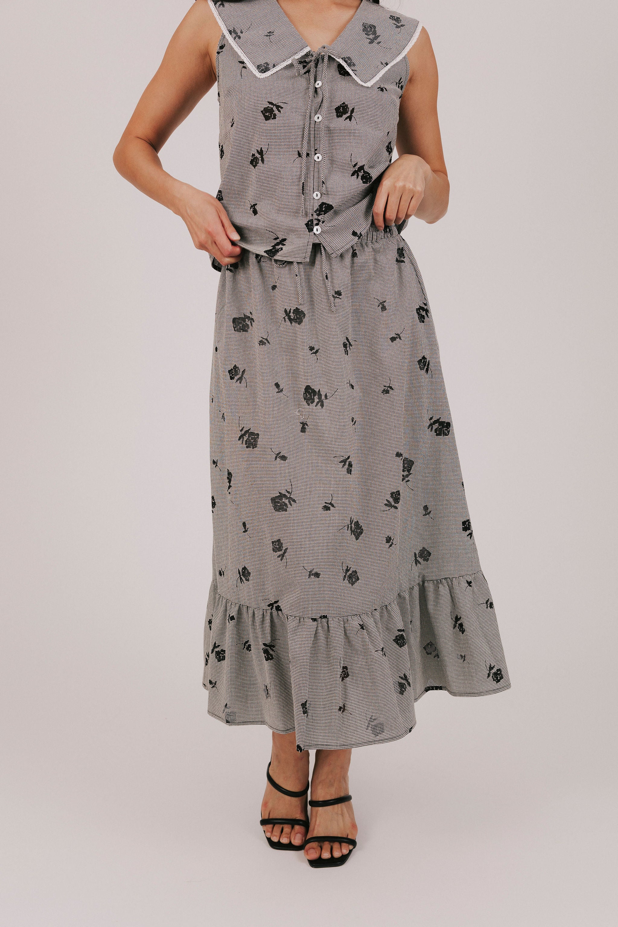 gingham skirt with sheer flowers and a ruffle