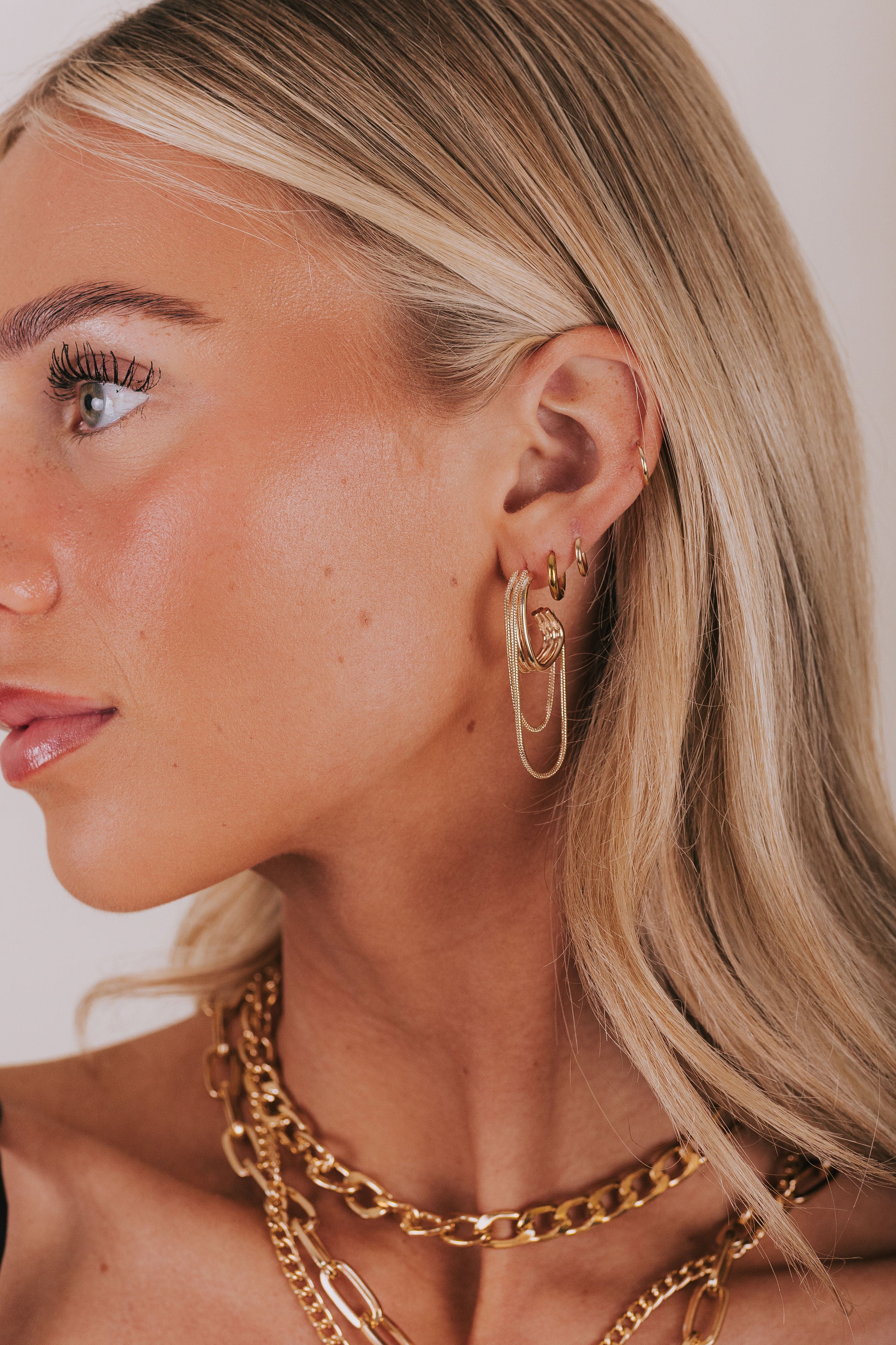 gold open hoop stud earring snake chains dangling