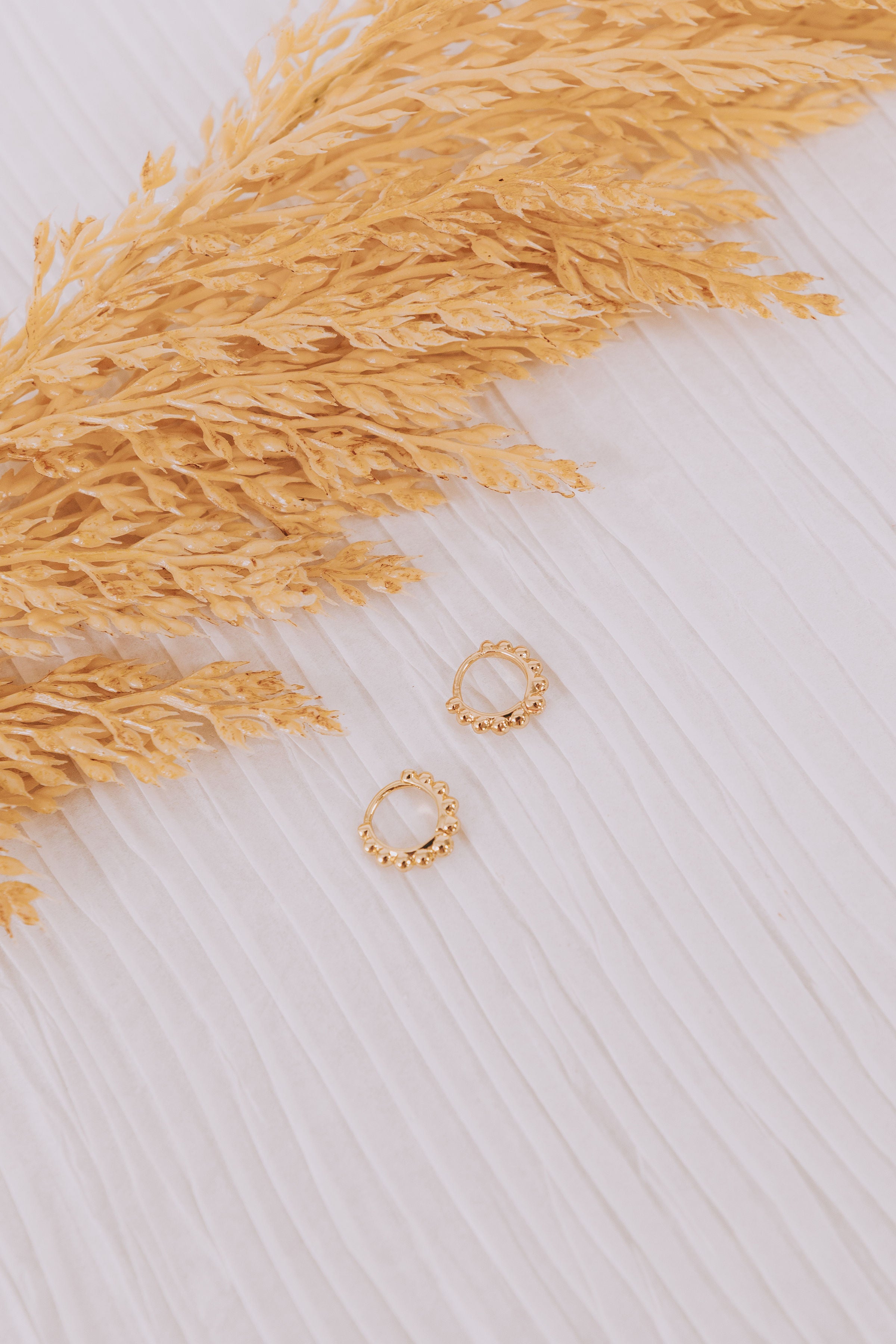 Gold hoop earrings on a light fabric background with dried grasses.