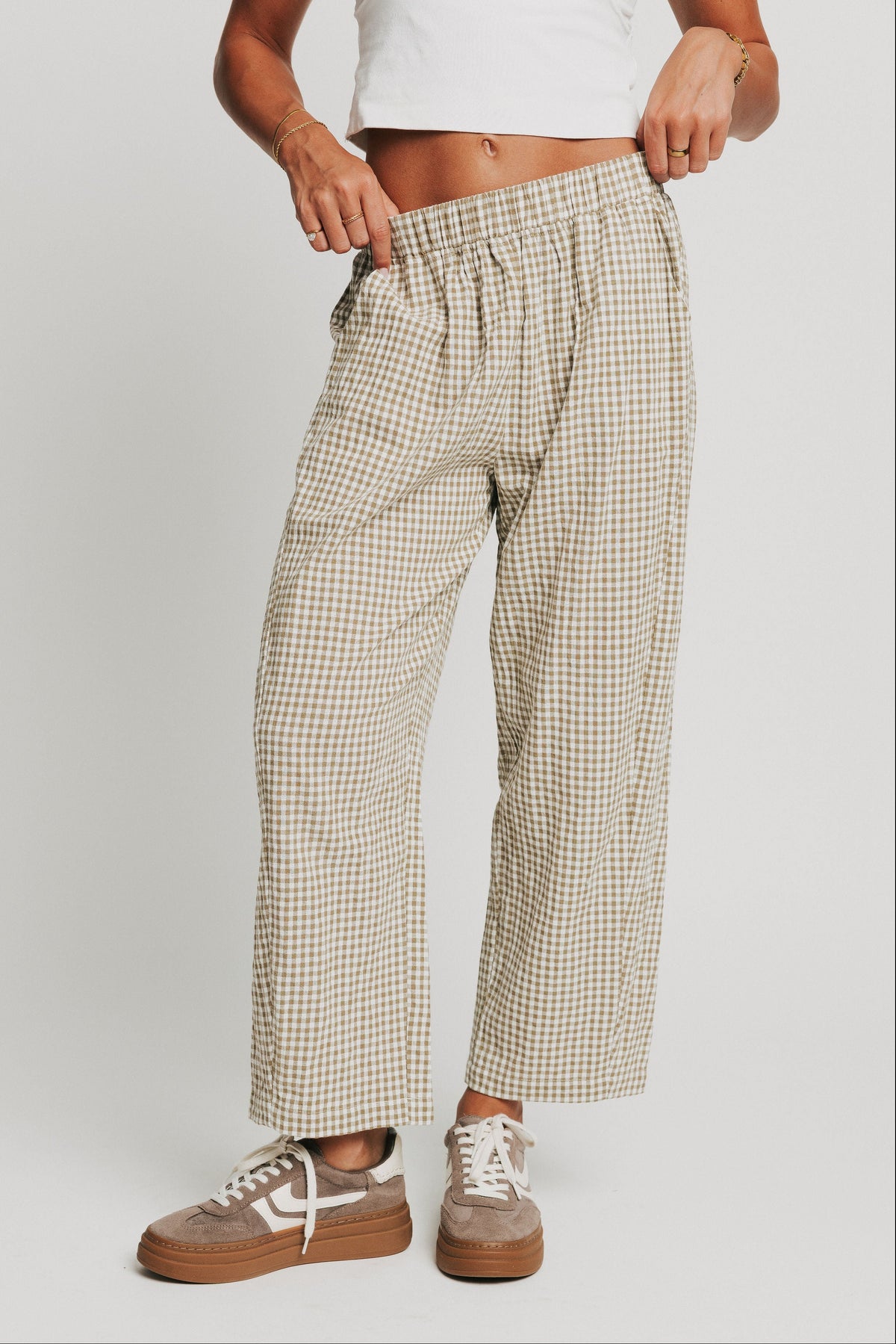 green gingham elastic waistband pants