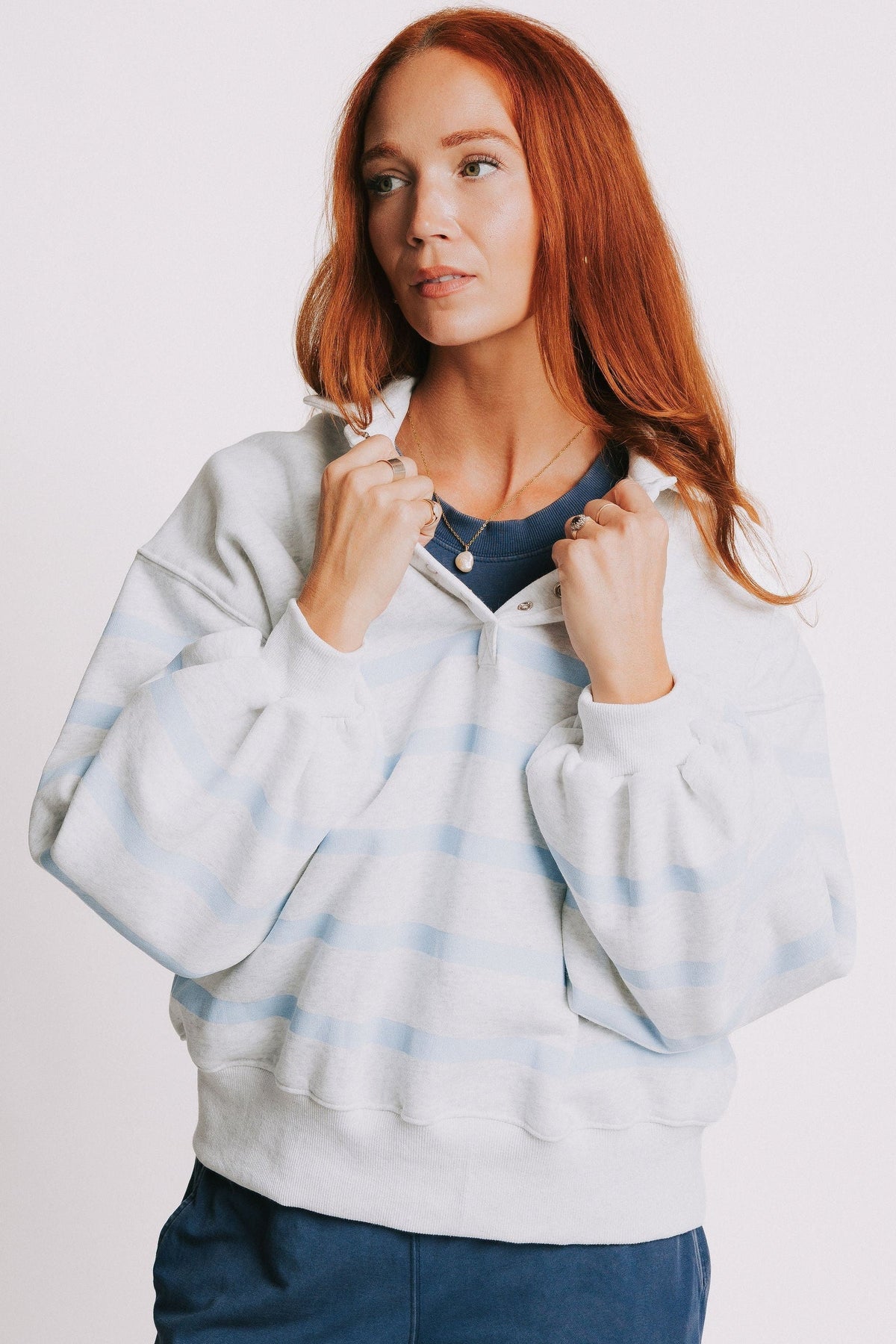 grey and blue striped sweatshirt with balloon sleeves