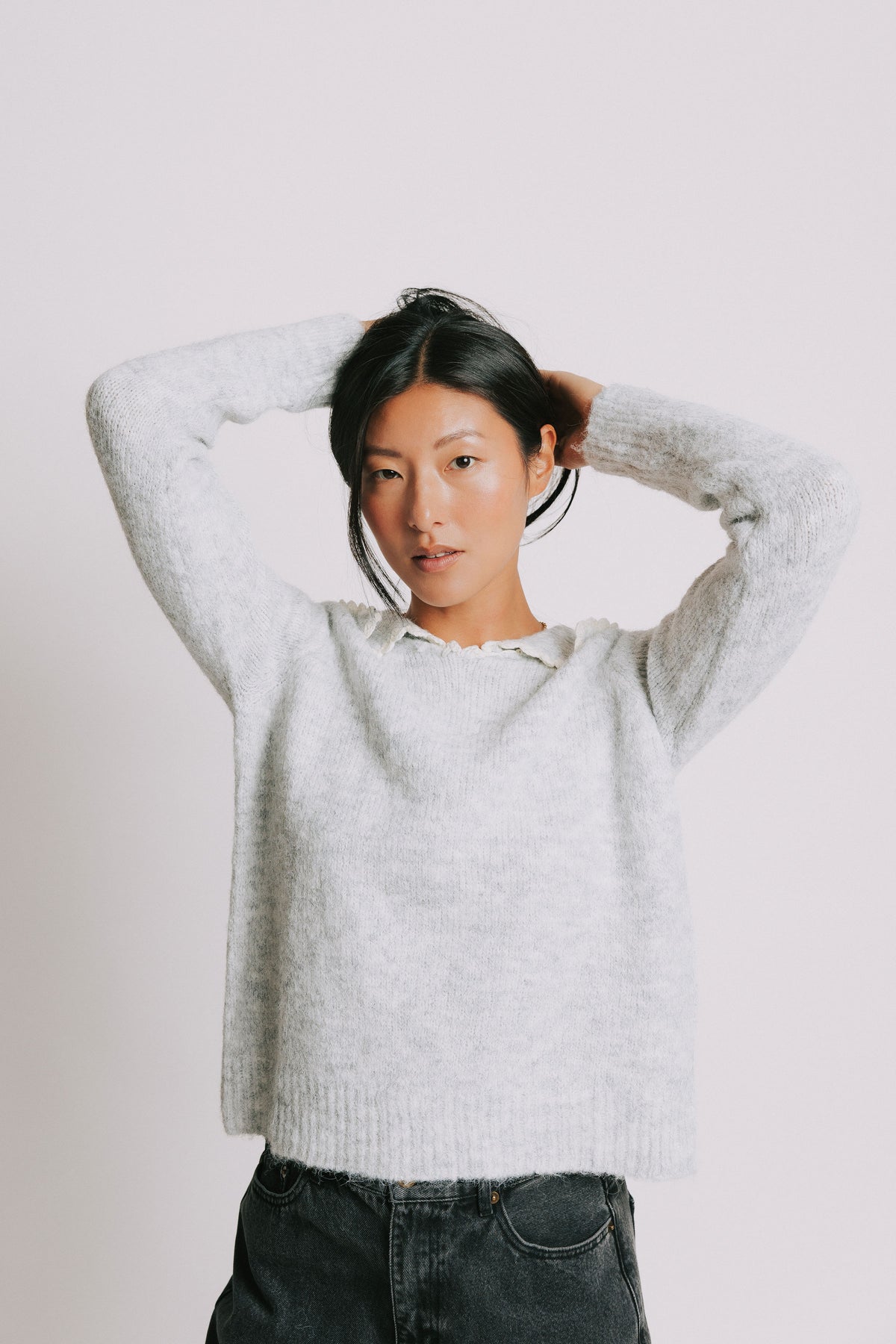 grey sweater with scalloped collar