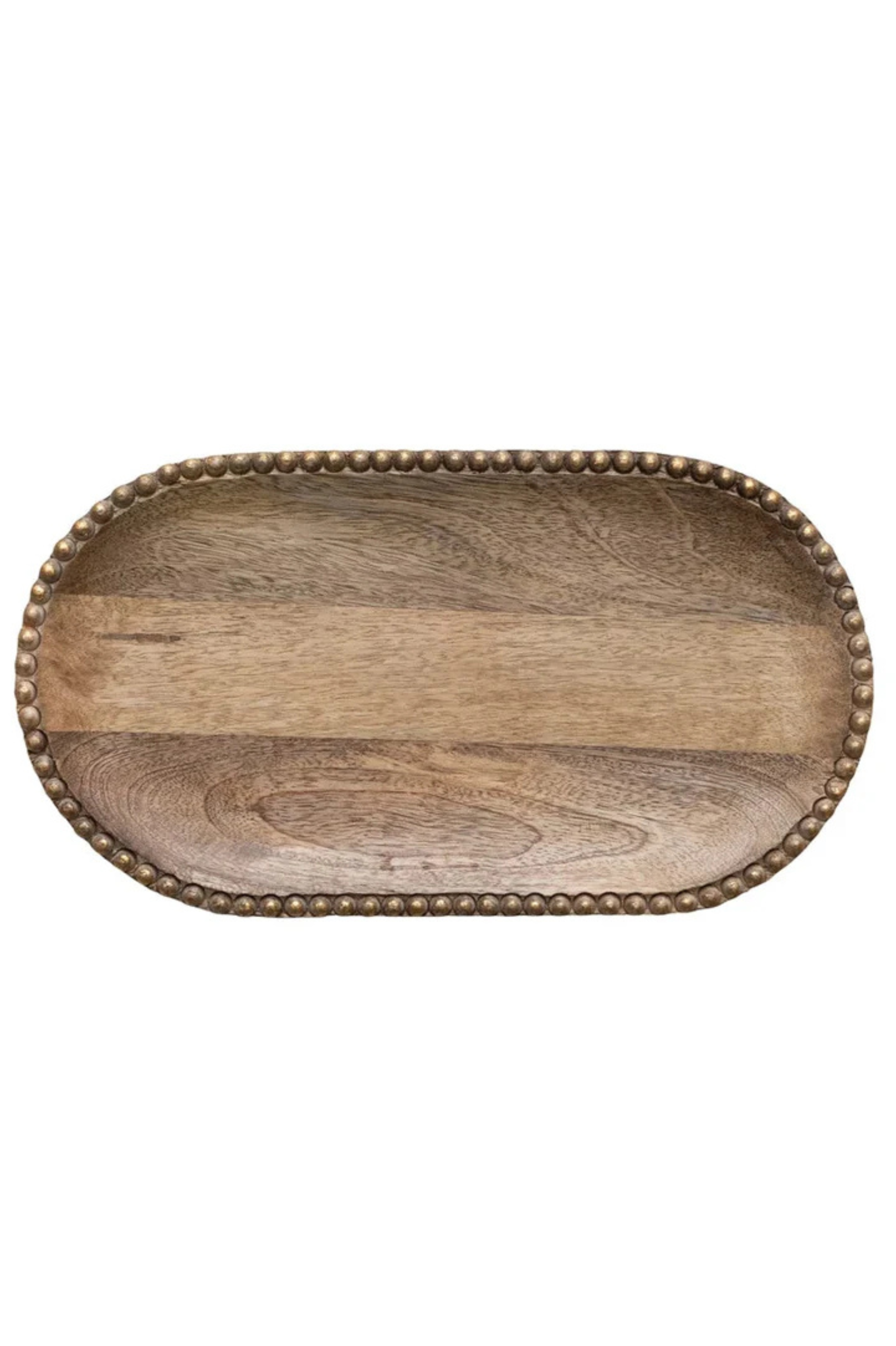 Hand-Carved Mango Wood Tray w/ Wood Beads & Gold Finish