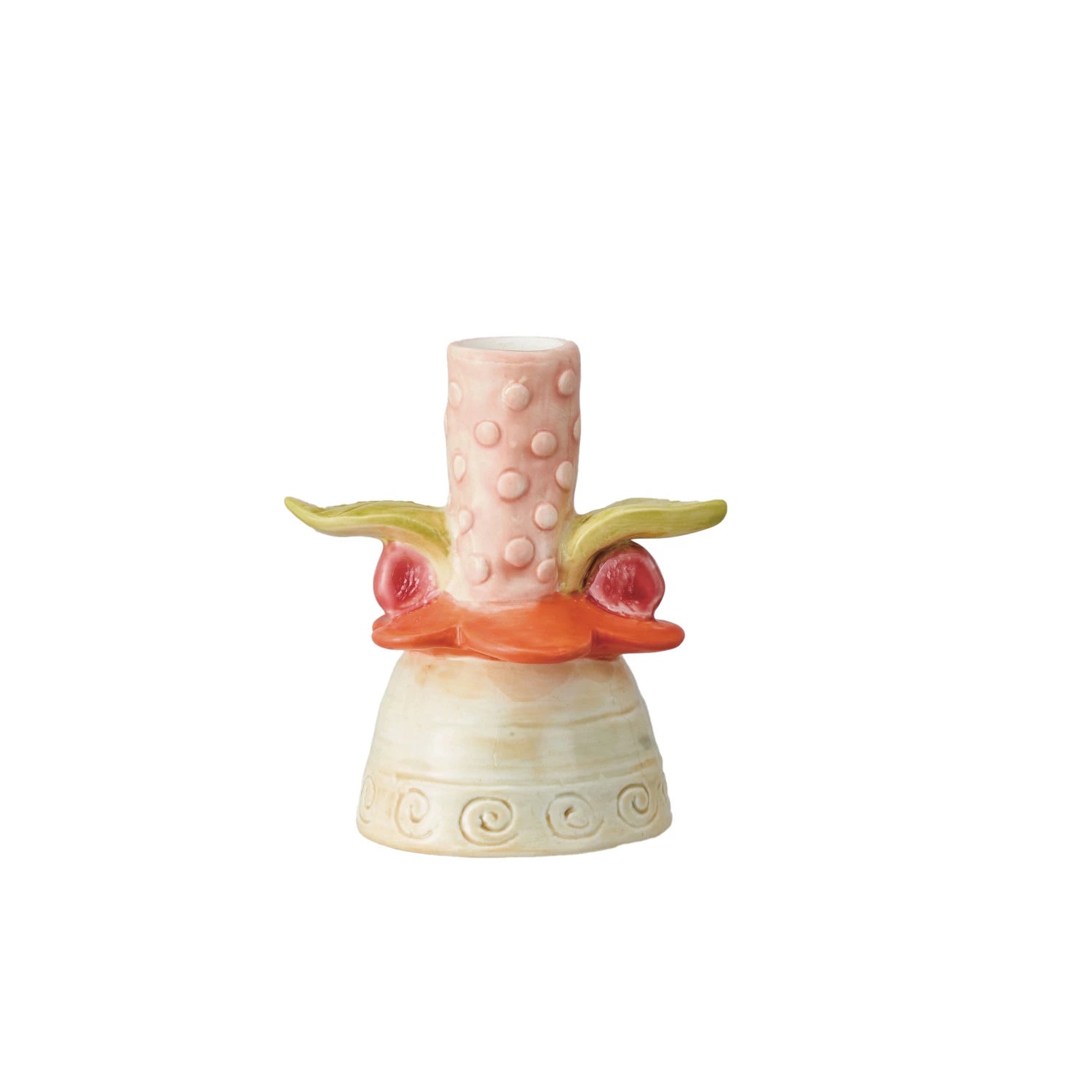 Decorative taper candle holder resembling a tropical flower with a pink top and green and orange accents