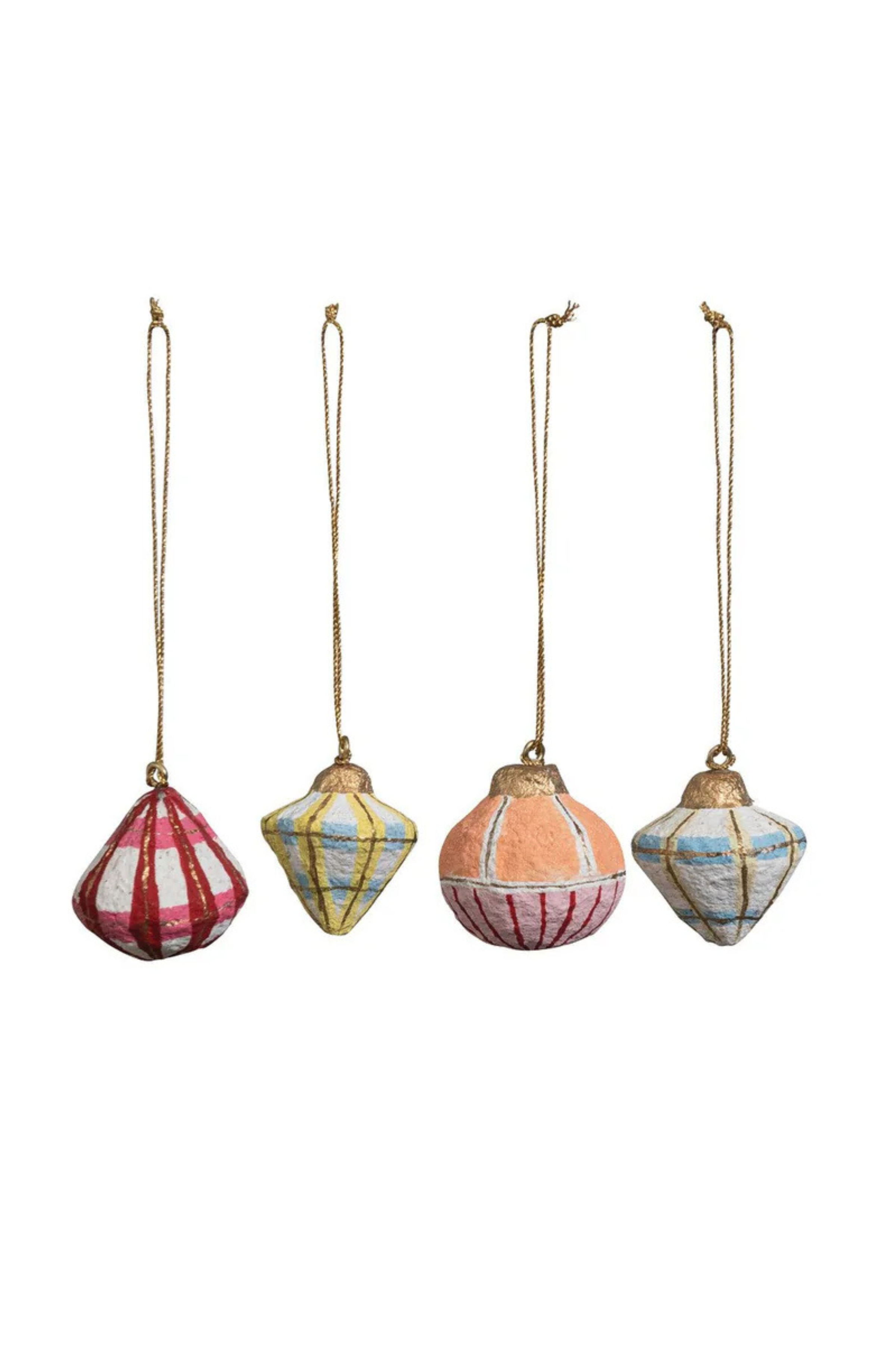 Set of four colorful paper mache ornaments