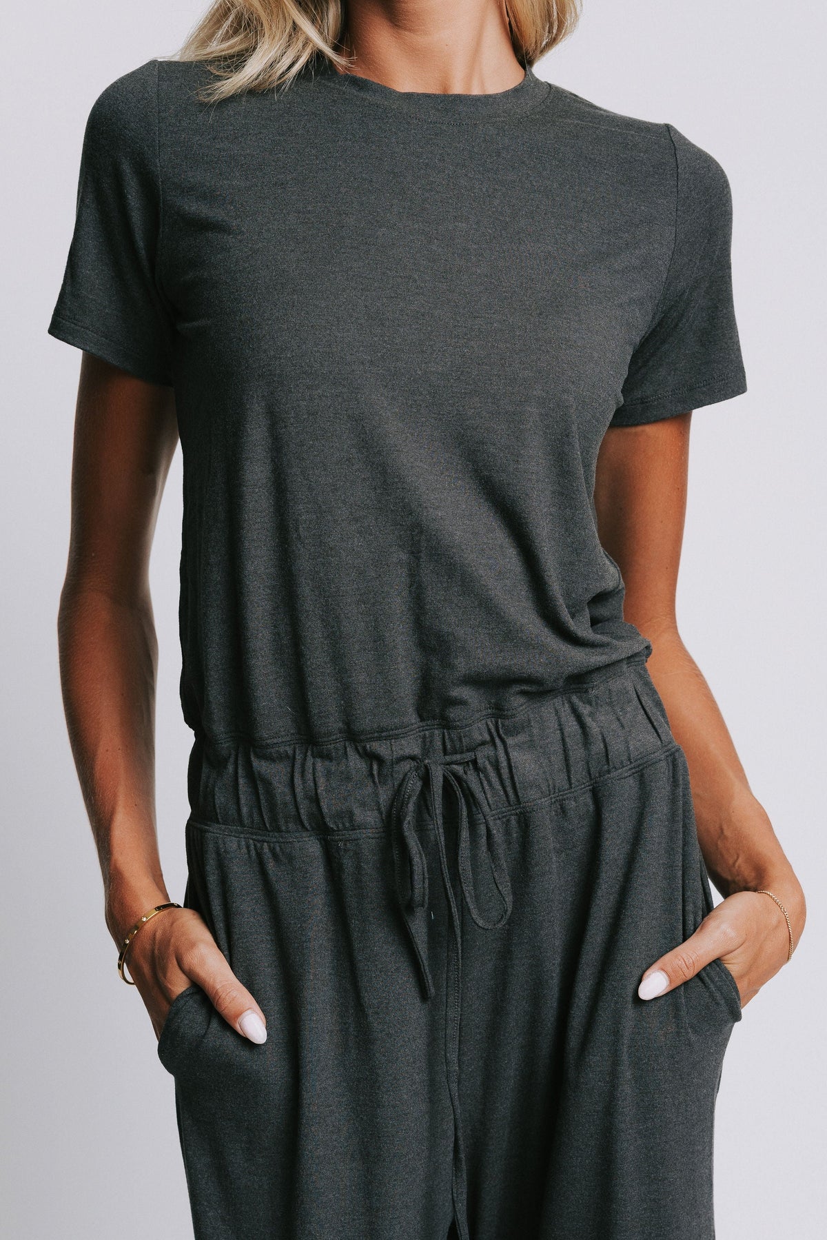 heather black short sleeve jumpsuit top