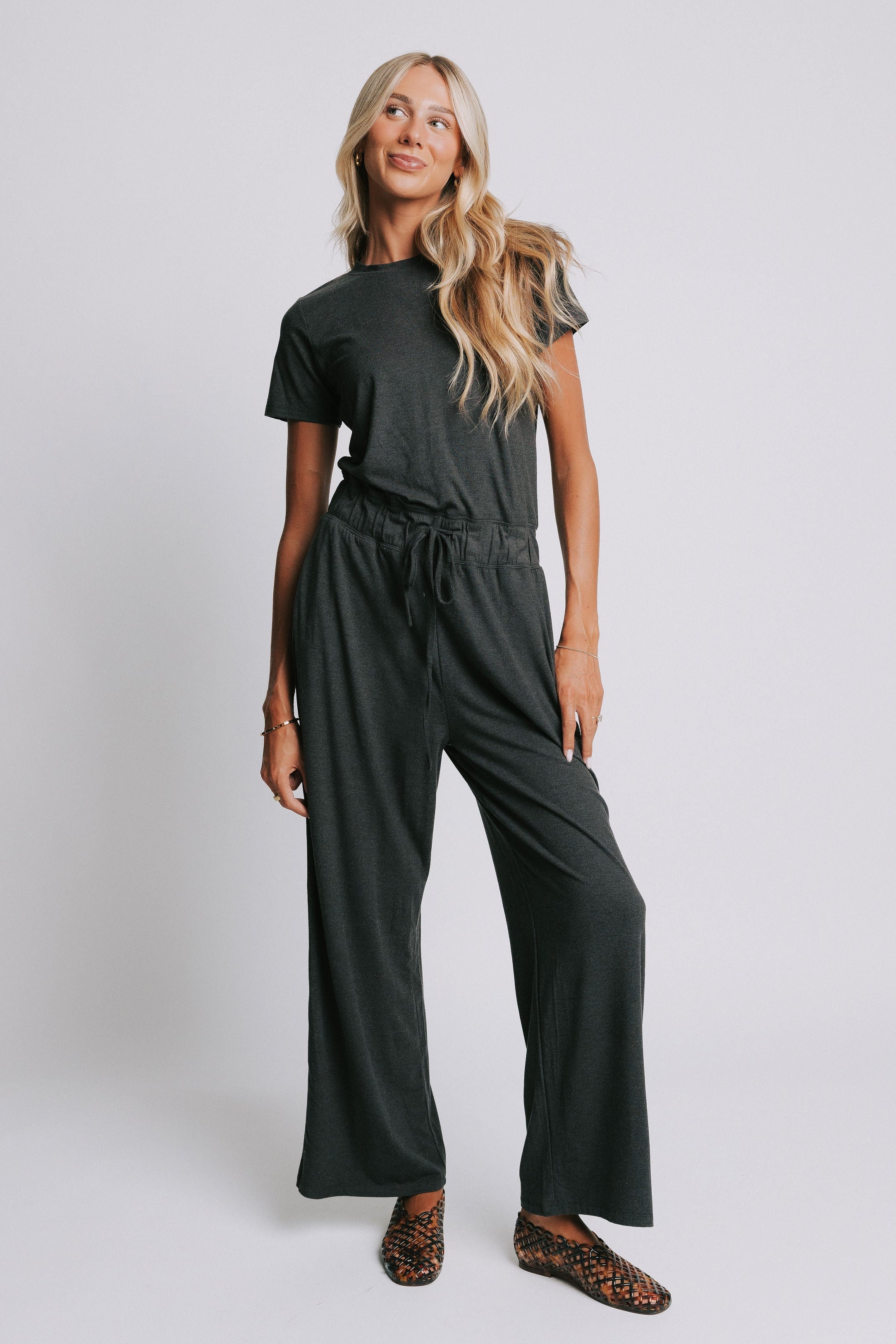 heather black short sleeve jumpsuit