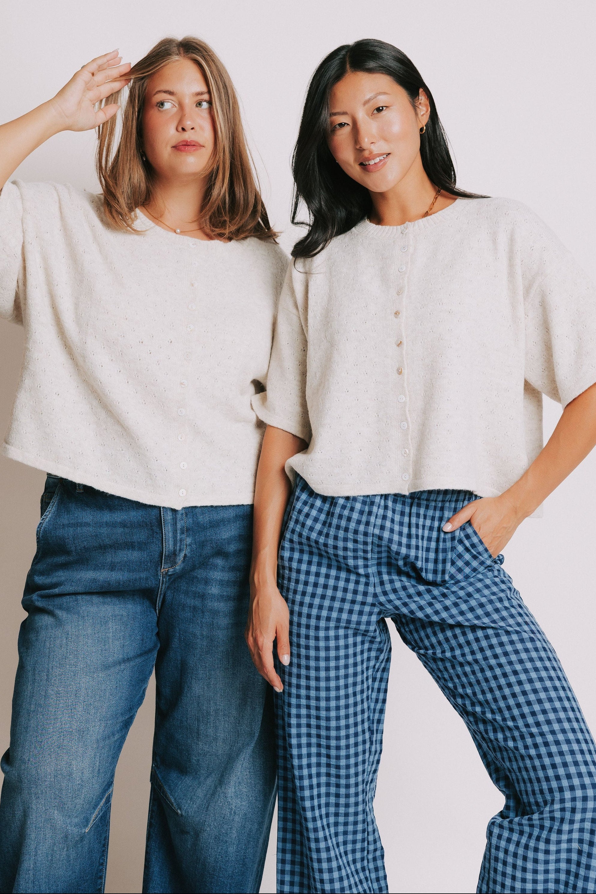 heather natural short sleeve pointelle cardigan