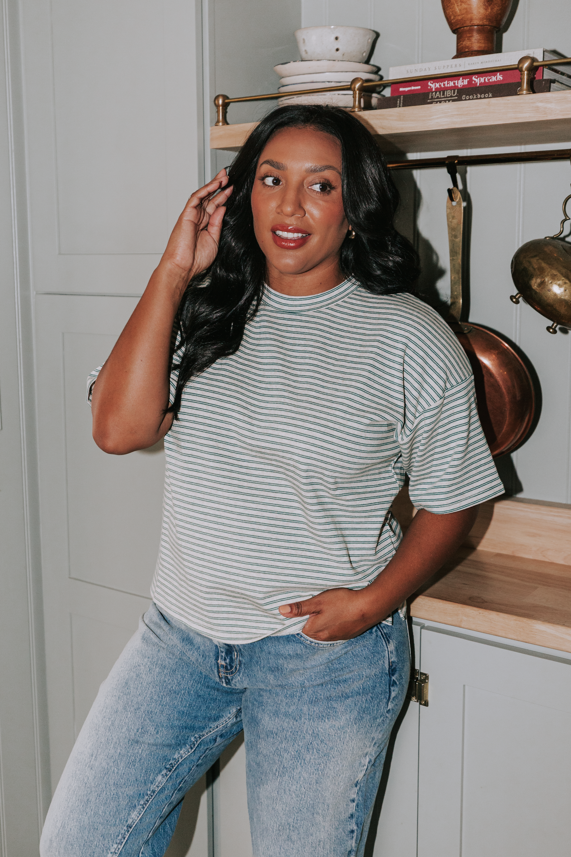 heather t-shirt with green stripes