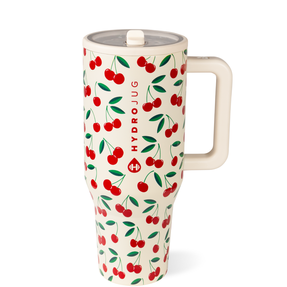 HYDROJUG - Traveler 32 oz - Cherries cream with cherry print side handle and flip lid