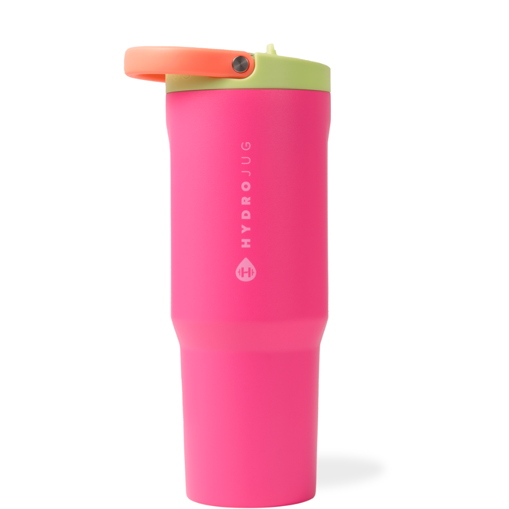 Hot pink HydroJug sport water bottle that can hold up to 32oz with colored contrasting accents