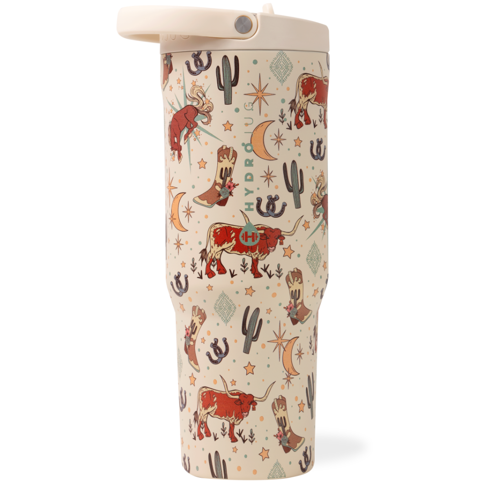 HydroJug sport water bottle with cowboy-themed design that can hold up to 40oz on a white background