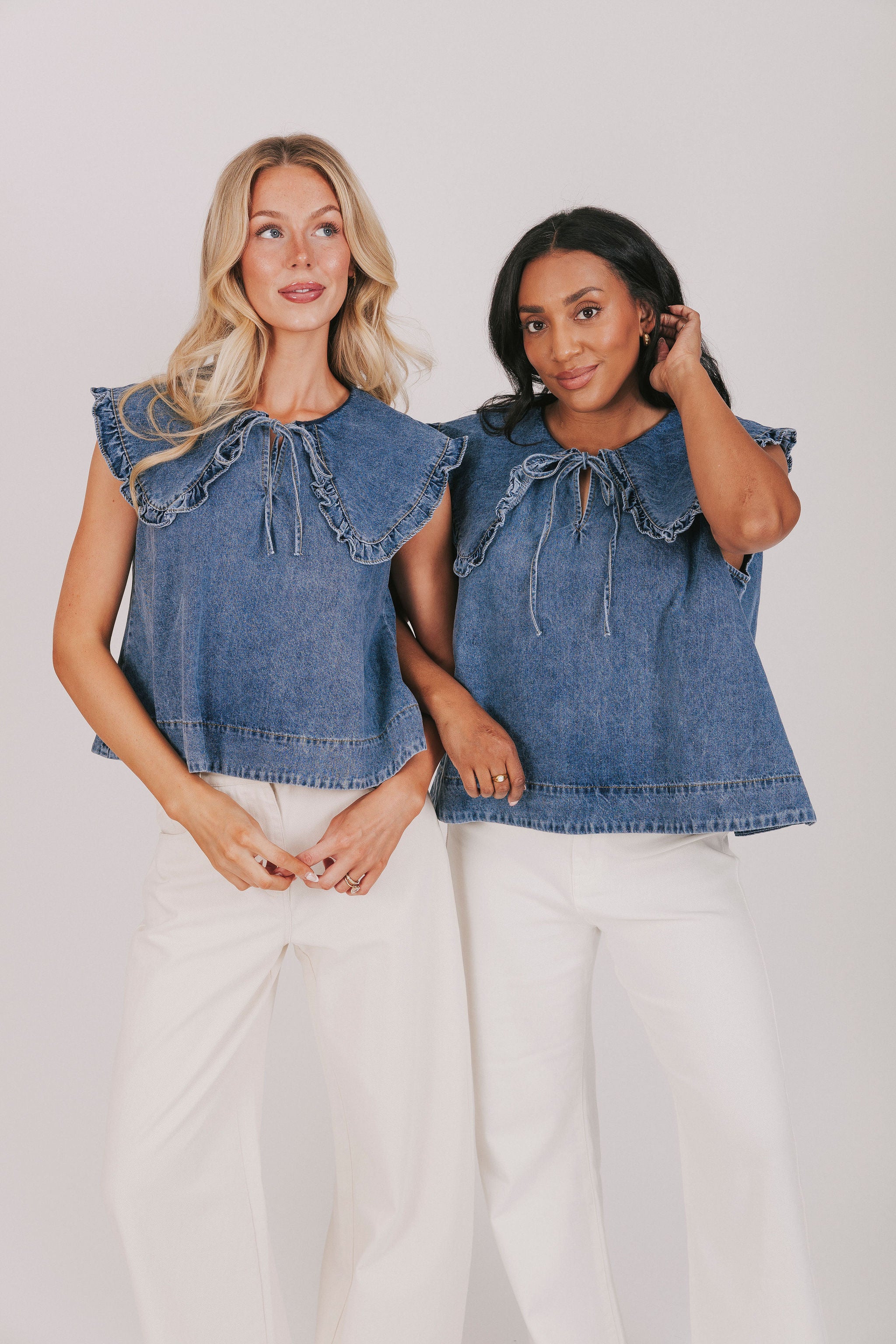 inclusive denim pan collar tie top models