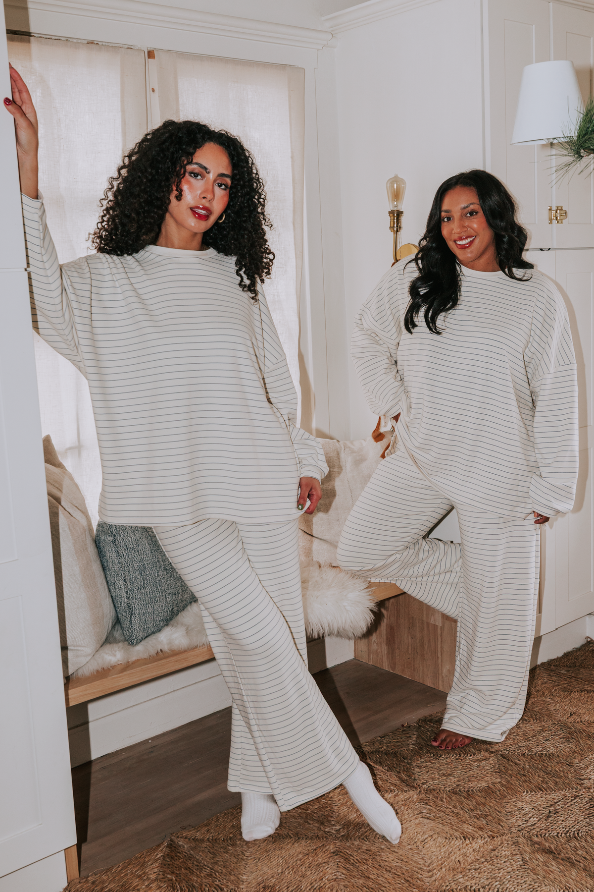 ivory and blue striped oversized long sleeve top lifestyle models