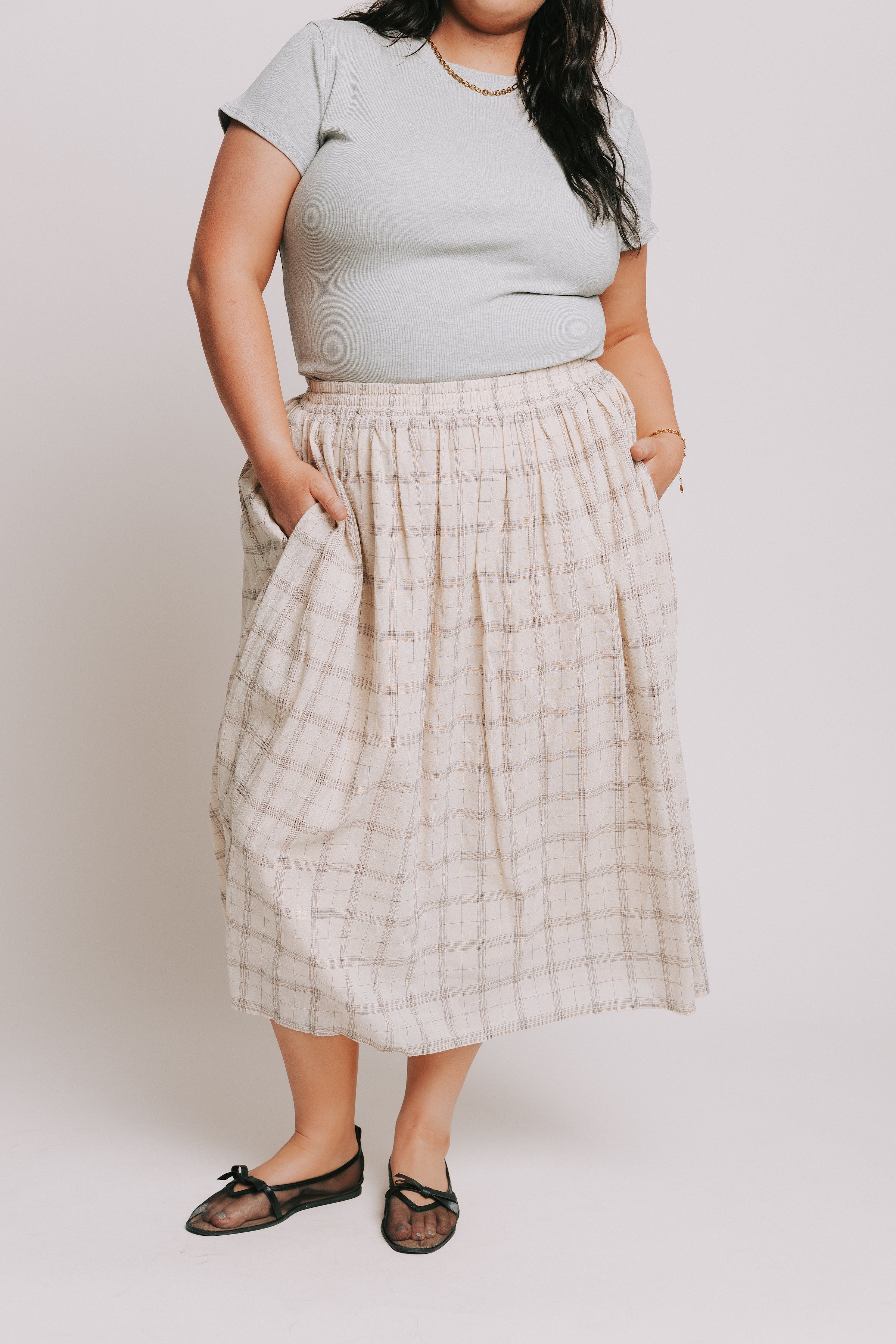ivory and brown plaid midi skirt plus
