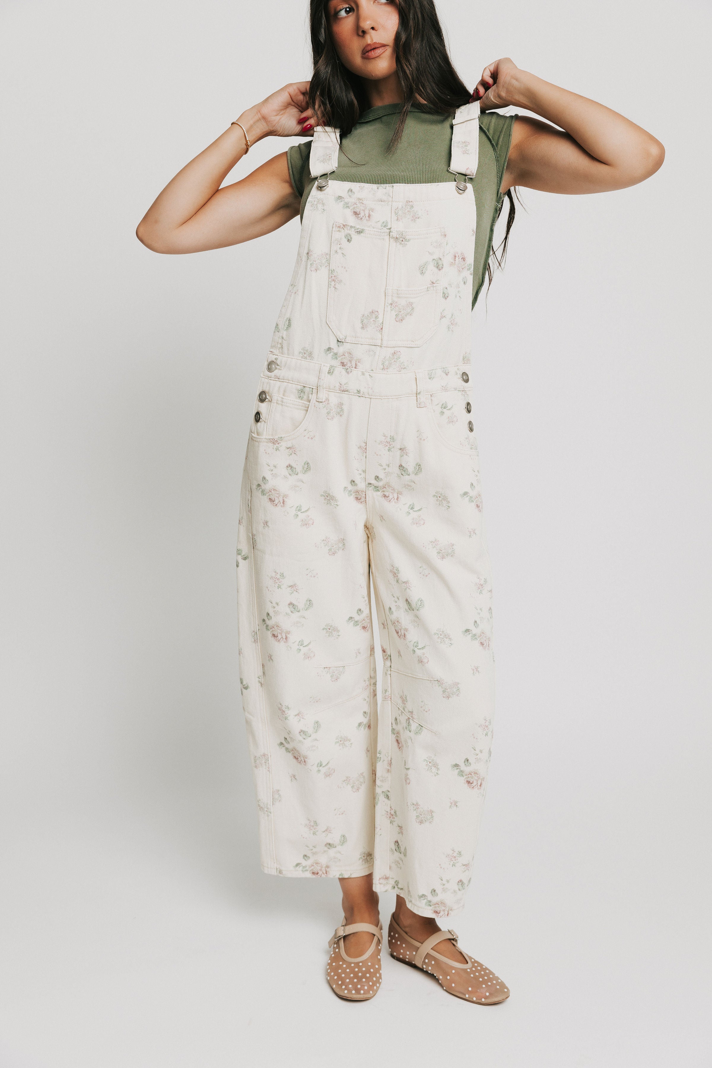 ivory barrel cut overalls with floral pattern