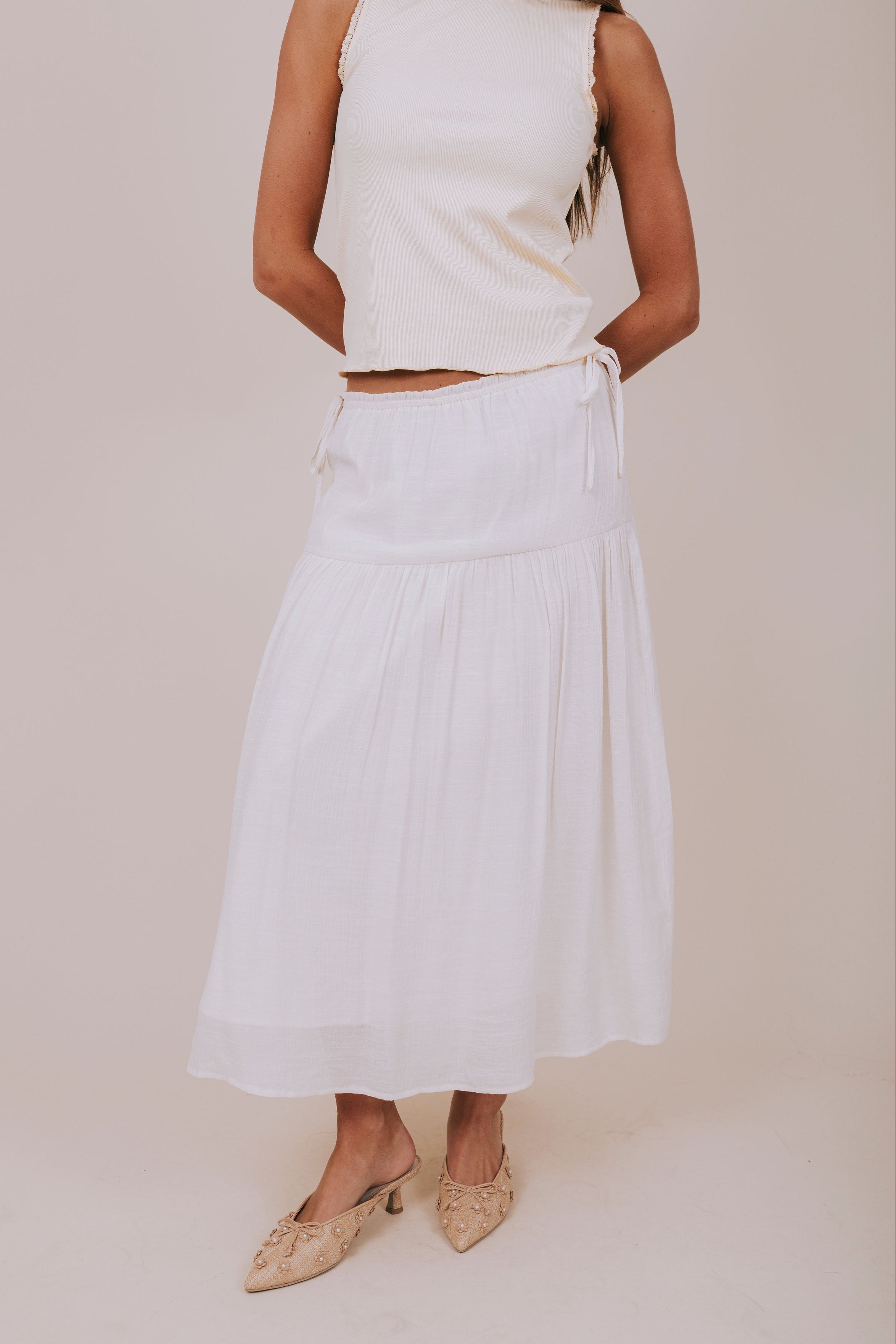 ivory decorative tie midi skirt