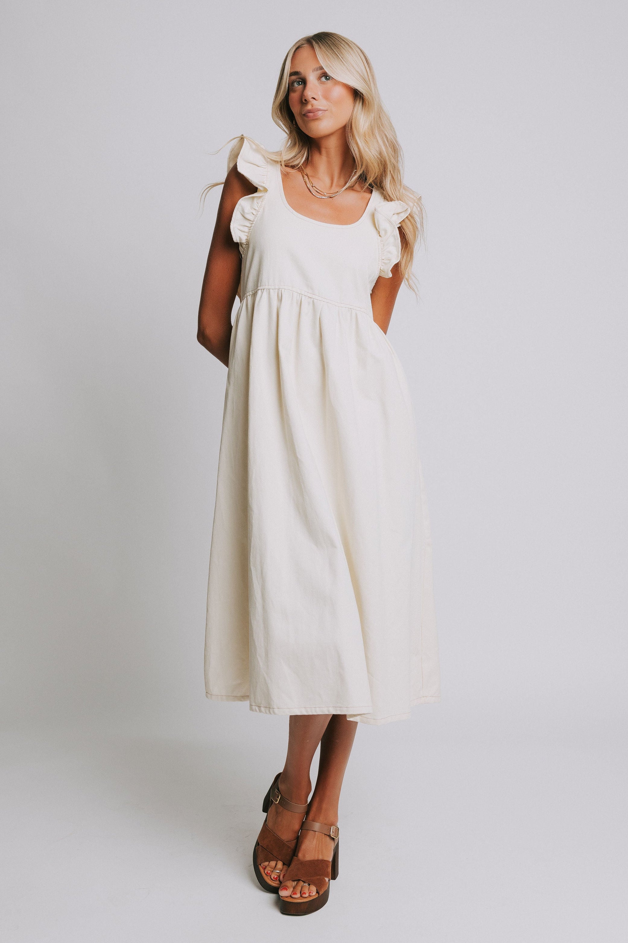 ivory denim midi dress with ruffled sleeves