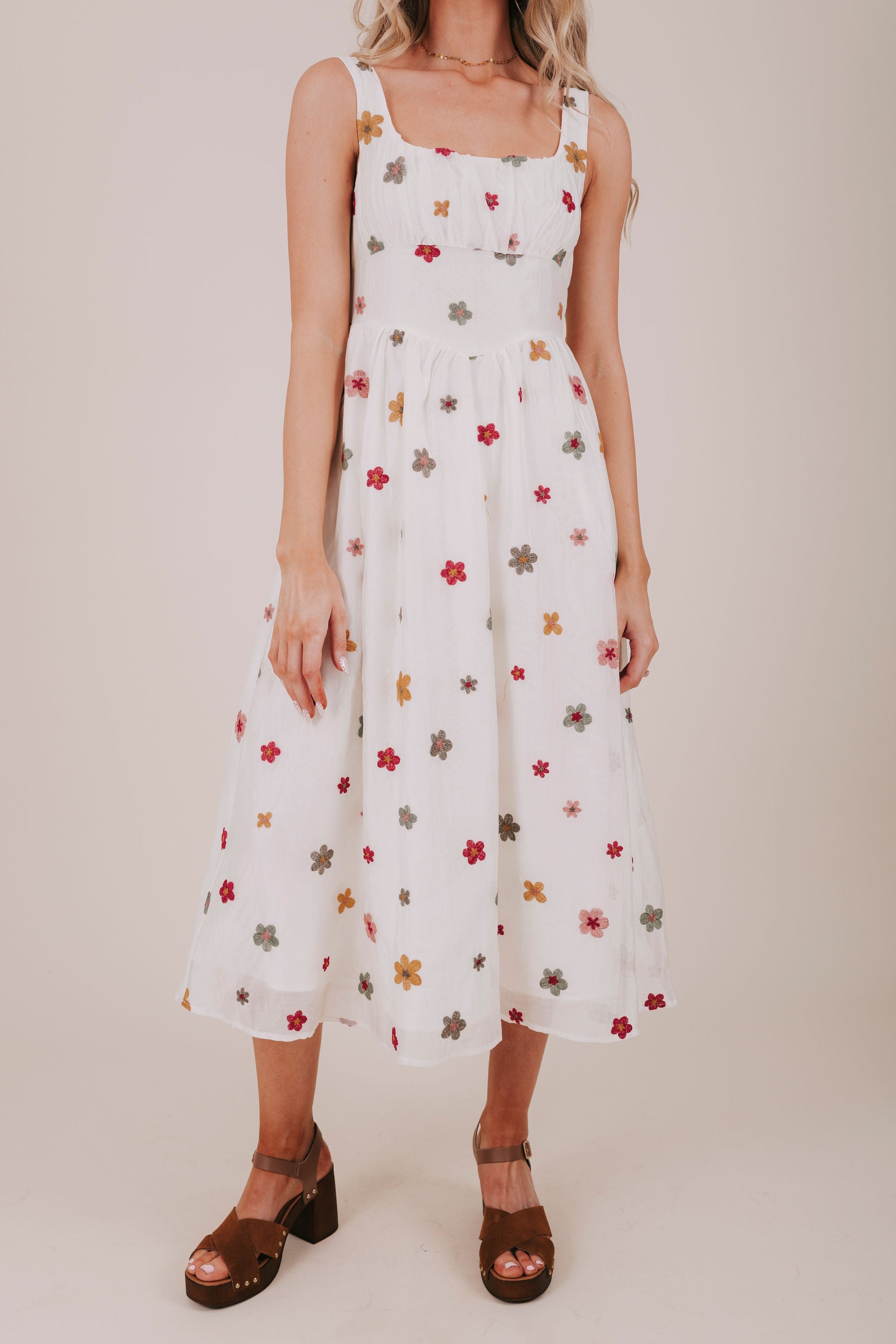ivory floral embroidered overlay midi dress front